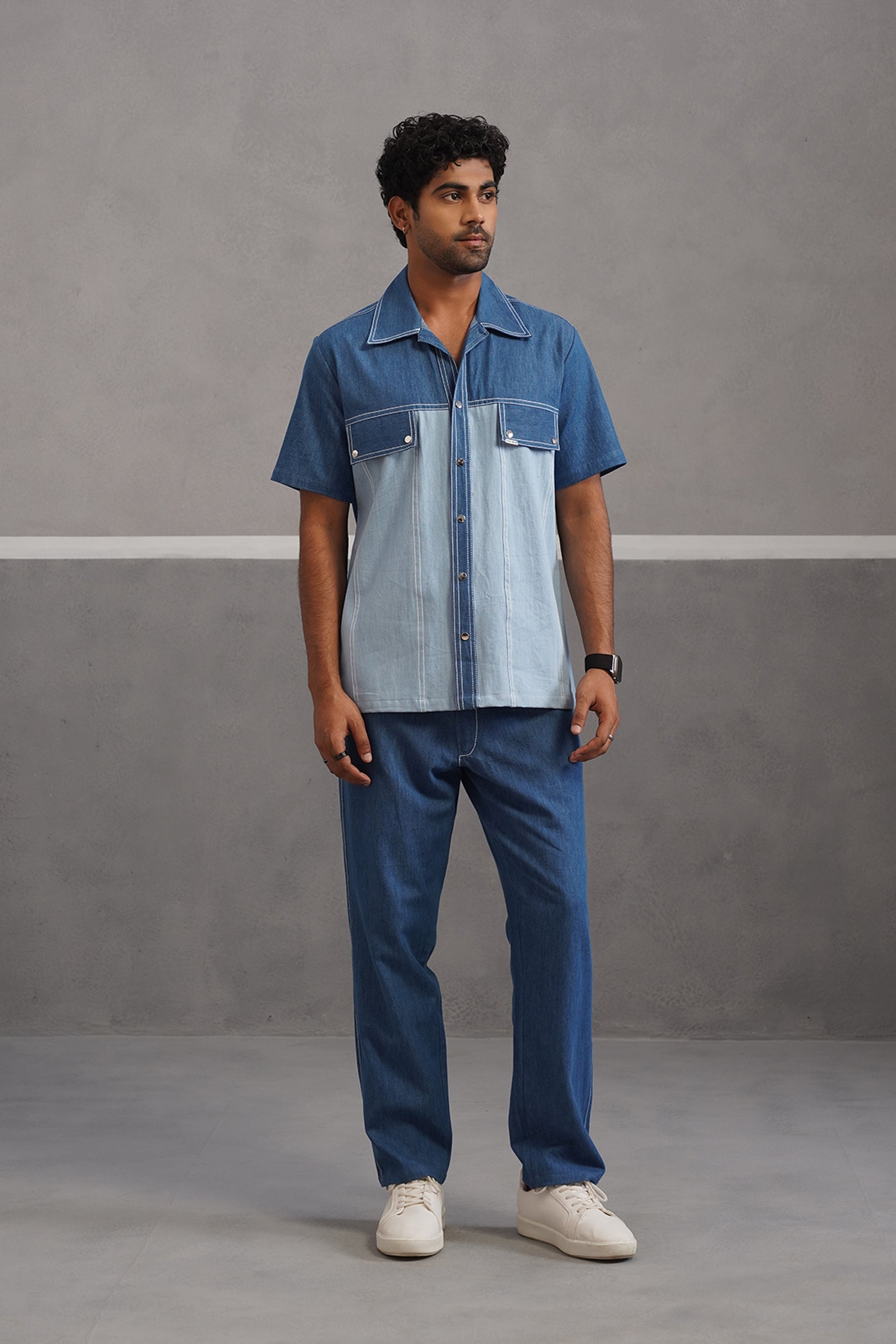 Denim Embroidered Shirt Coord Set - Light Blue