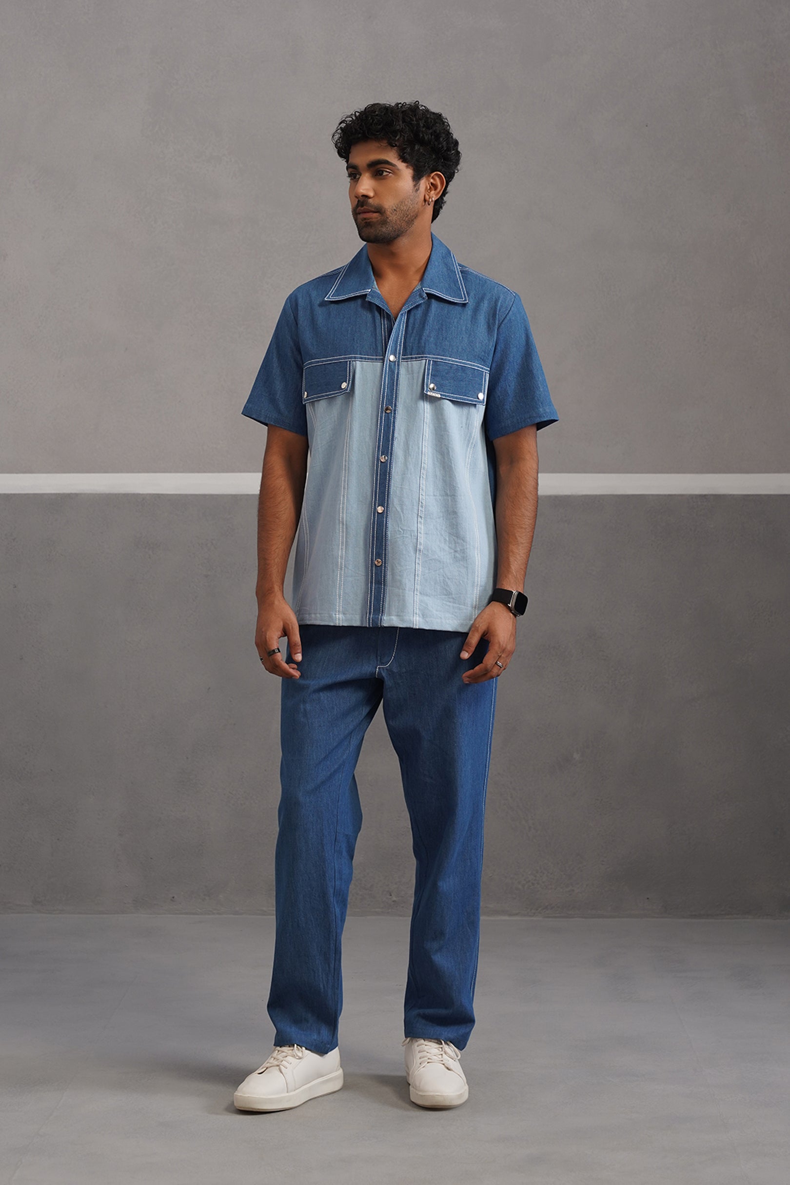 Denim Embroidered Shirt Coord Set - Light Blue