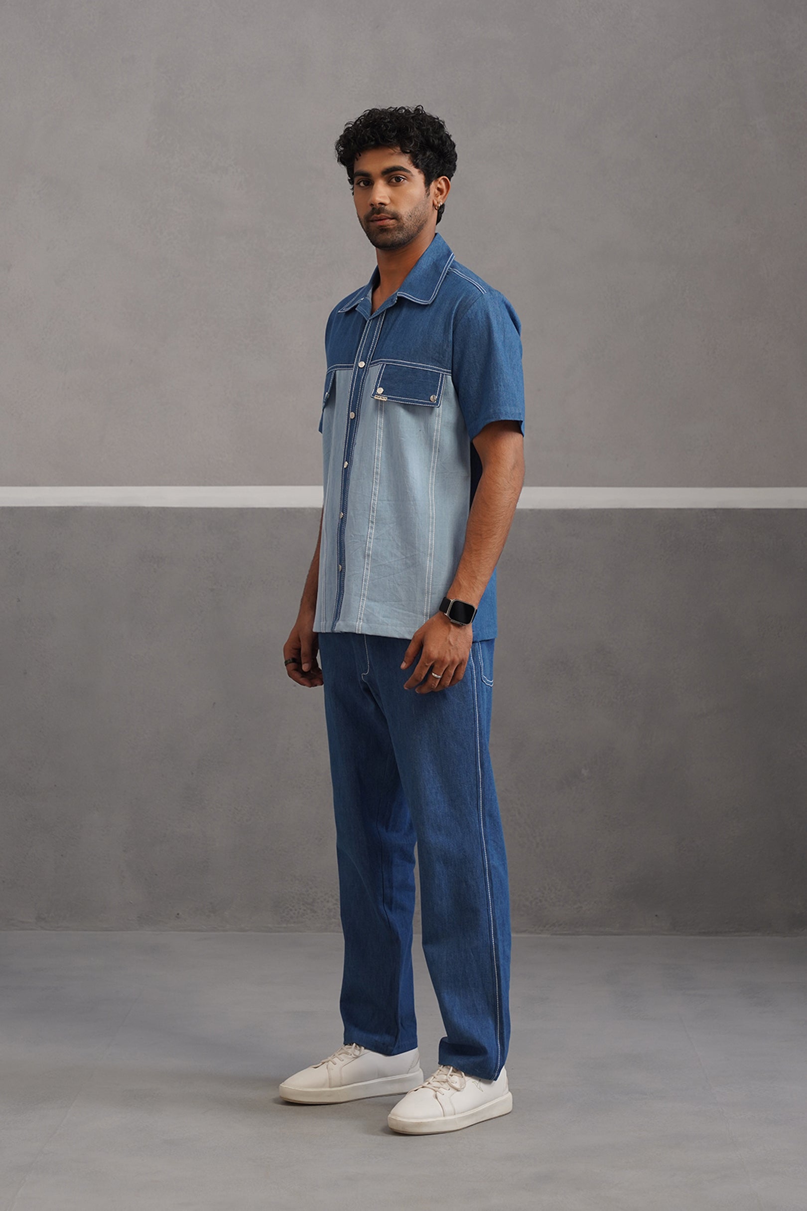 Denim Embroidered Shirt Coord Set - Light Blue