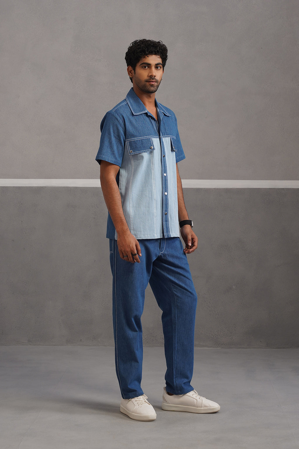 Denim Embroidered Shirt Coord Set - Light Blue