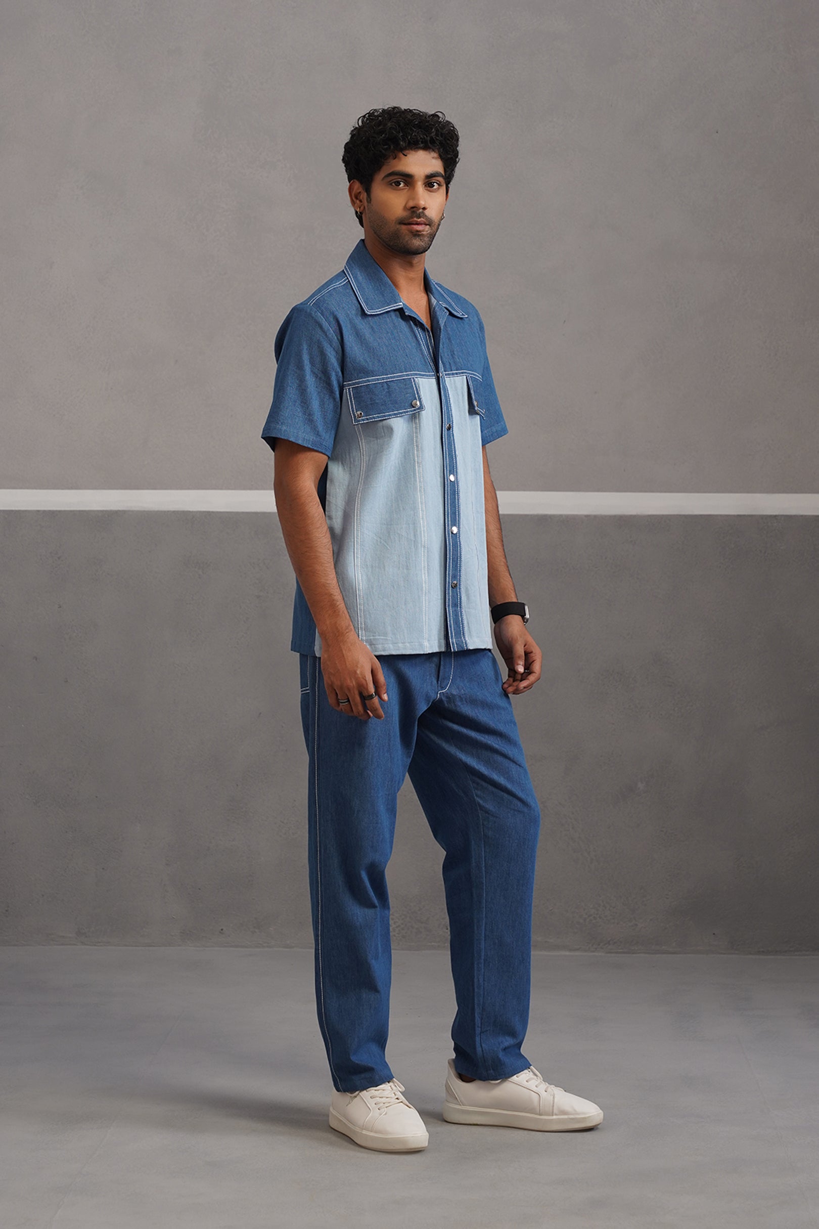Denim Embroidered Shirt Coord Set - Light Blue