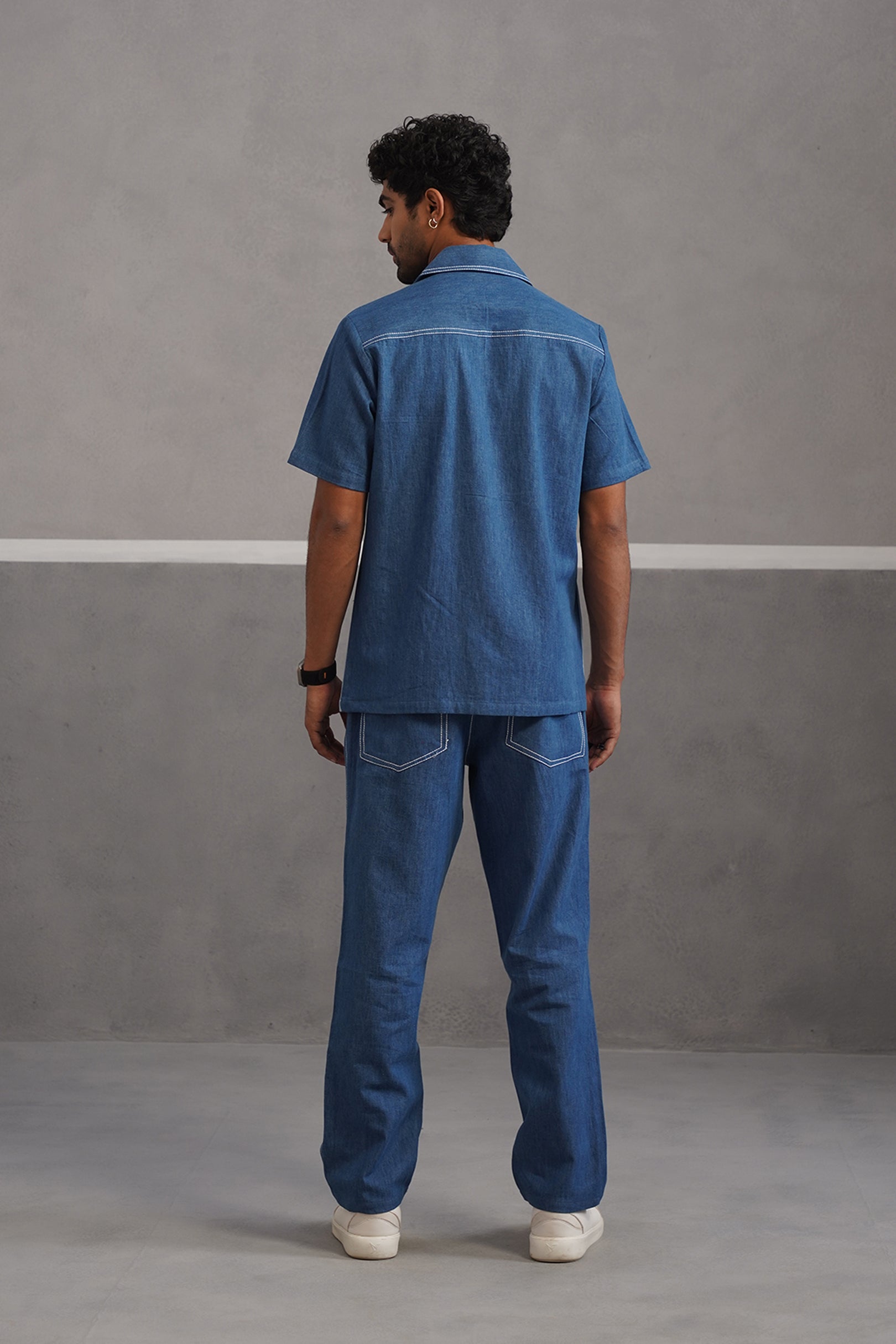 Denim Embroidered Shirt Coord Set - Light Blue