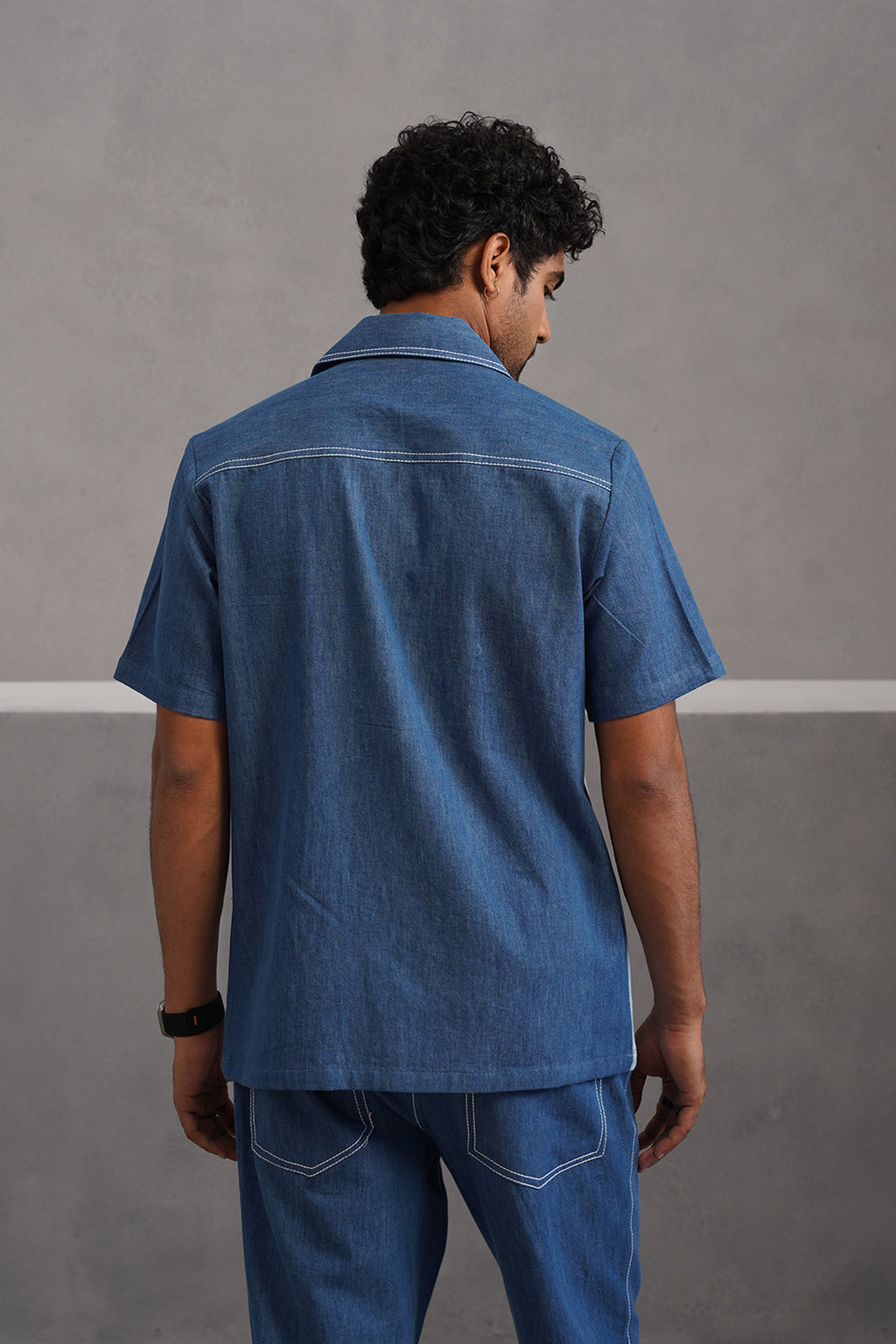 Denim Embroidered Luxe Half Sleeve Shirt - Light Blue