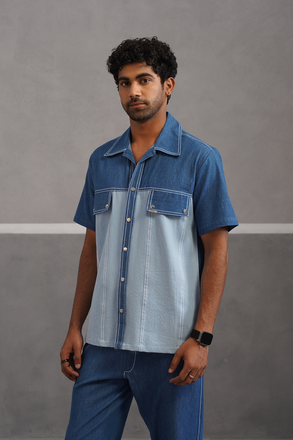 Denim Embroidered Luxe Half Sleeve Shirt - Light Blue