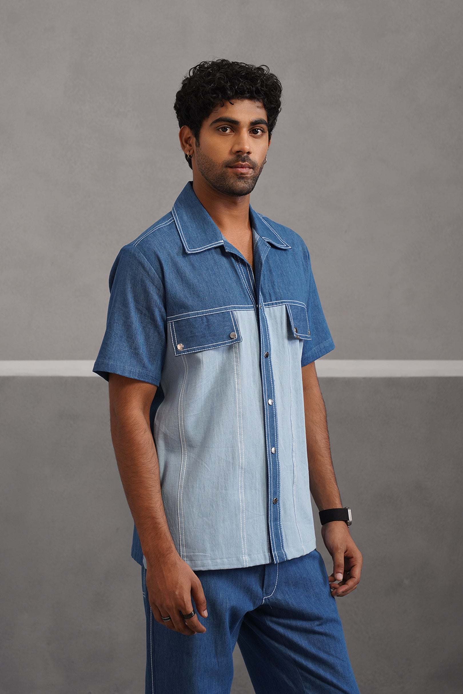 Denim Embroidered Luxe Half Sleeve Shirt - Light Blue