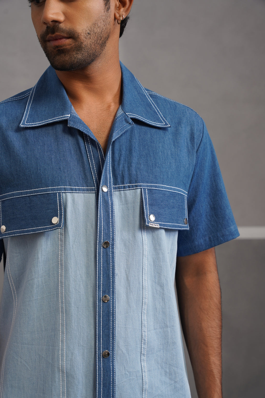 Denim Embroidered Luxe Half Sleeve Shirt - Light Blue