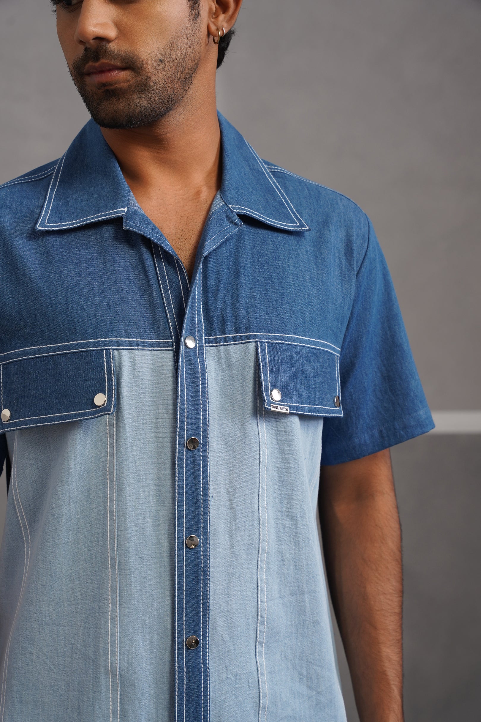 Denim Embroidered Luxe Half Sleeve Shirt - Light Blue