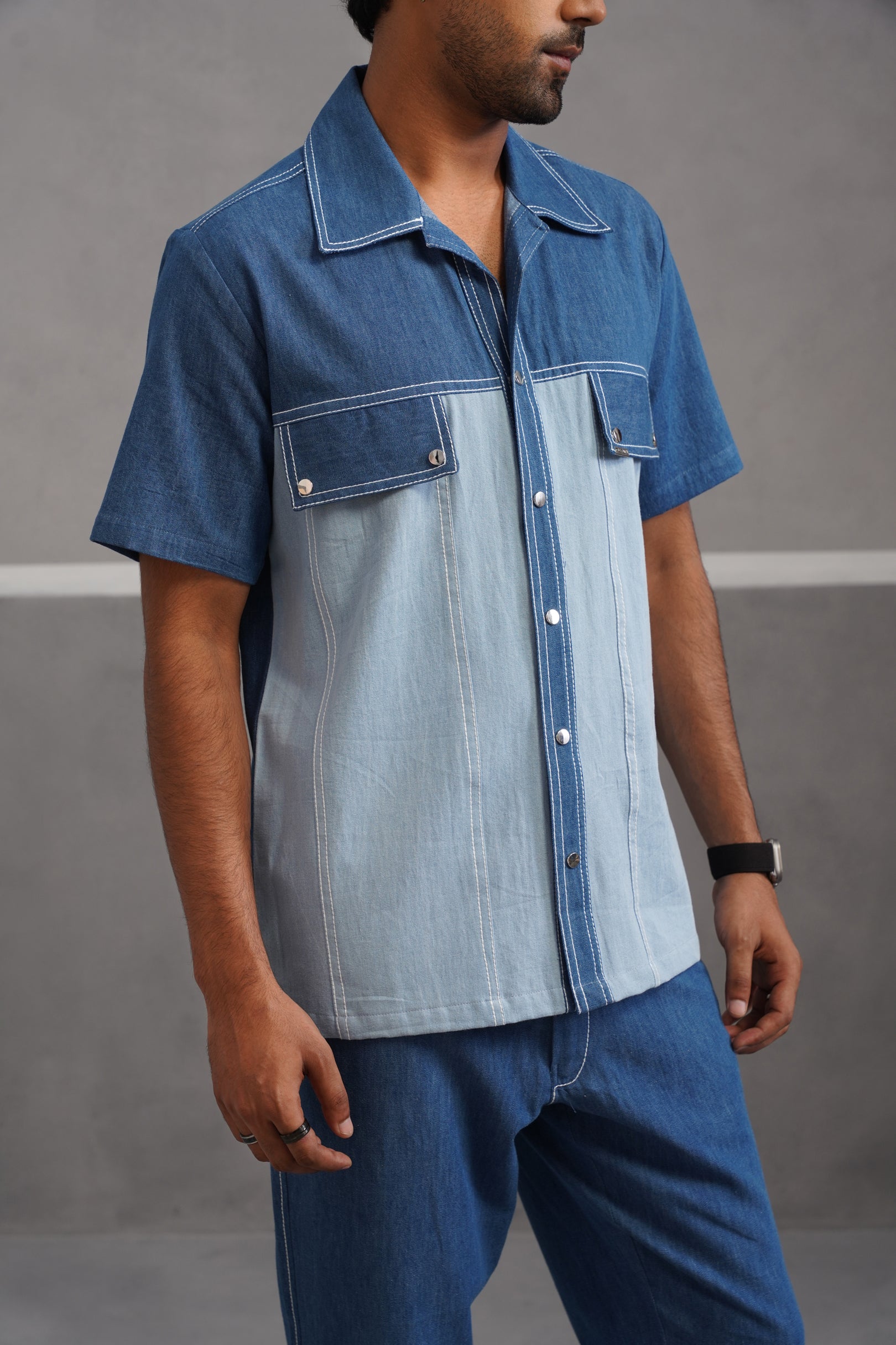Denim Embroidered Luxe Half Sleeve Shirt - Light Blue