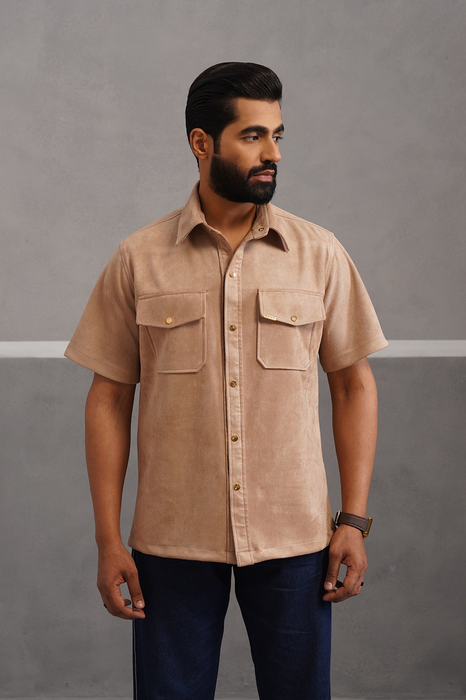 Rich Suede Fabric Double Pocket Shirt - Beige