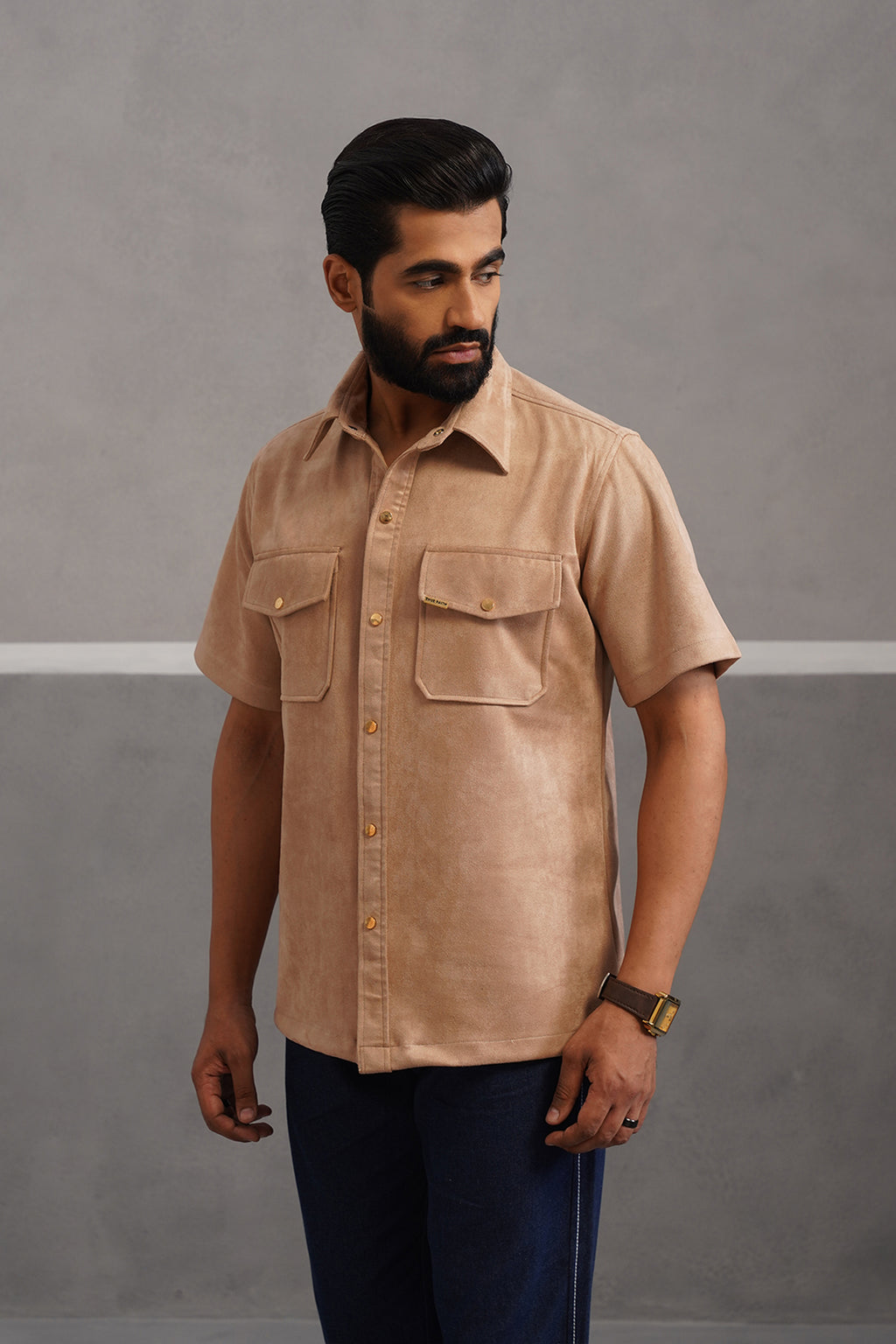 Rich Suede Fabric Double Pocket Shirt - Beige