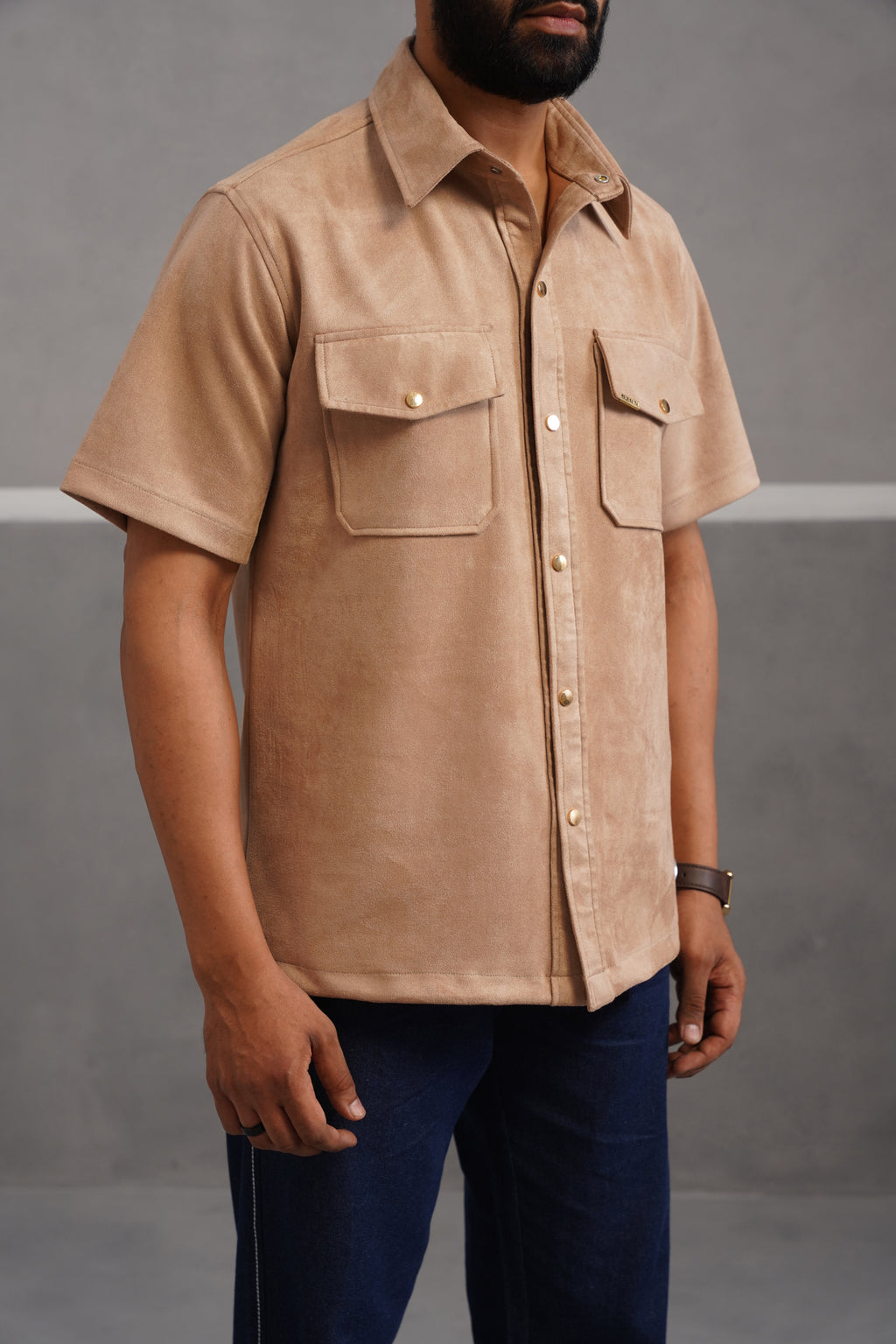 Rich Suede Fabric Double Pocket Shirt - Beige