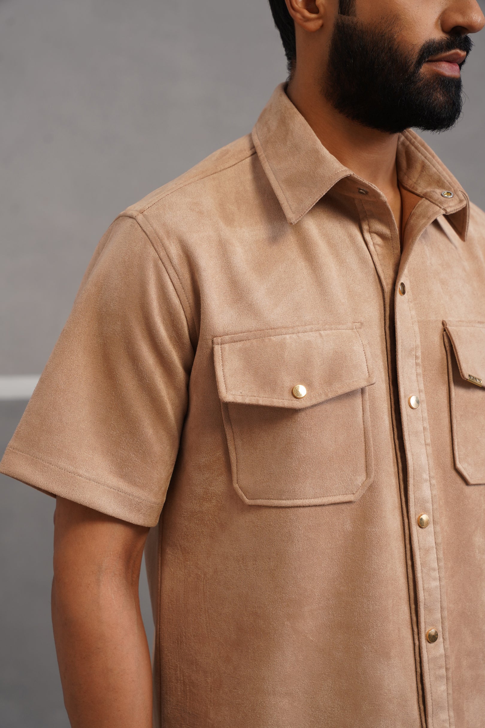 Rich Suede Fabric Double Pocket Shirt - Beige