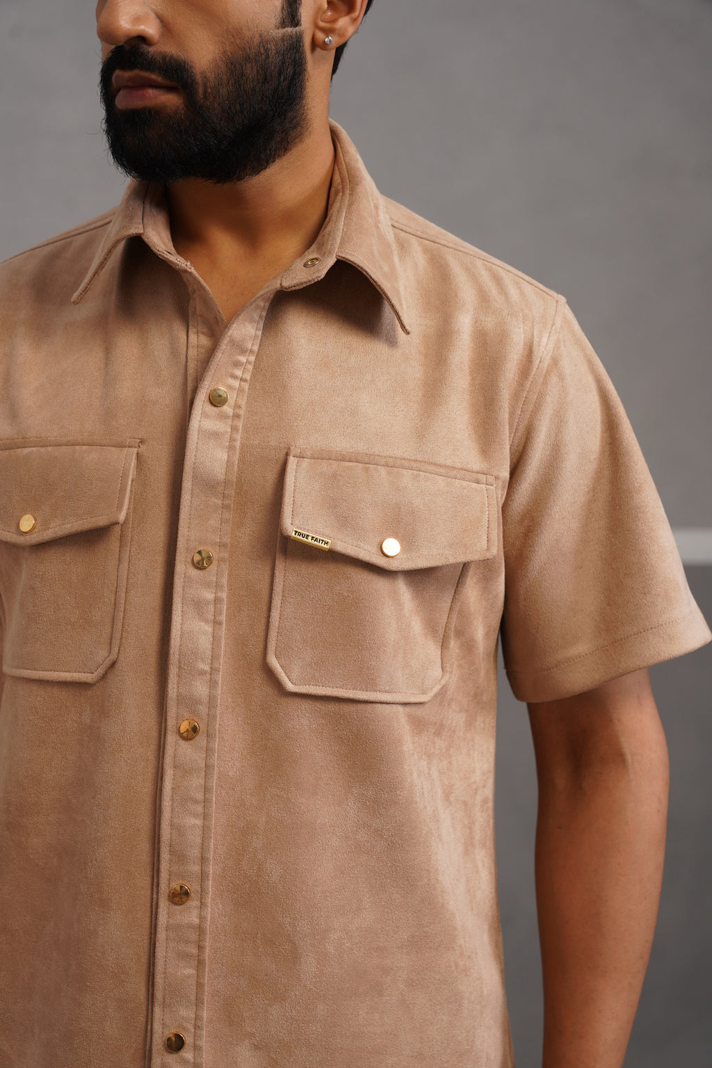 Rich Suede Fabric Double Pocket Shirt - Beige