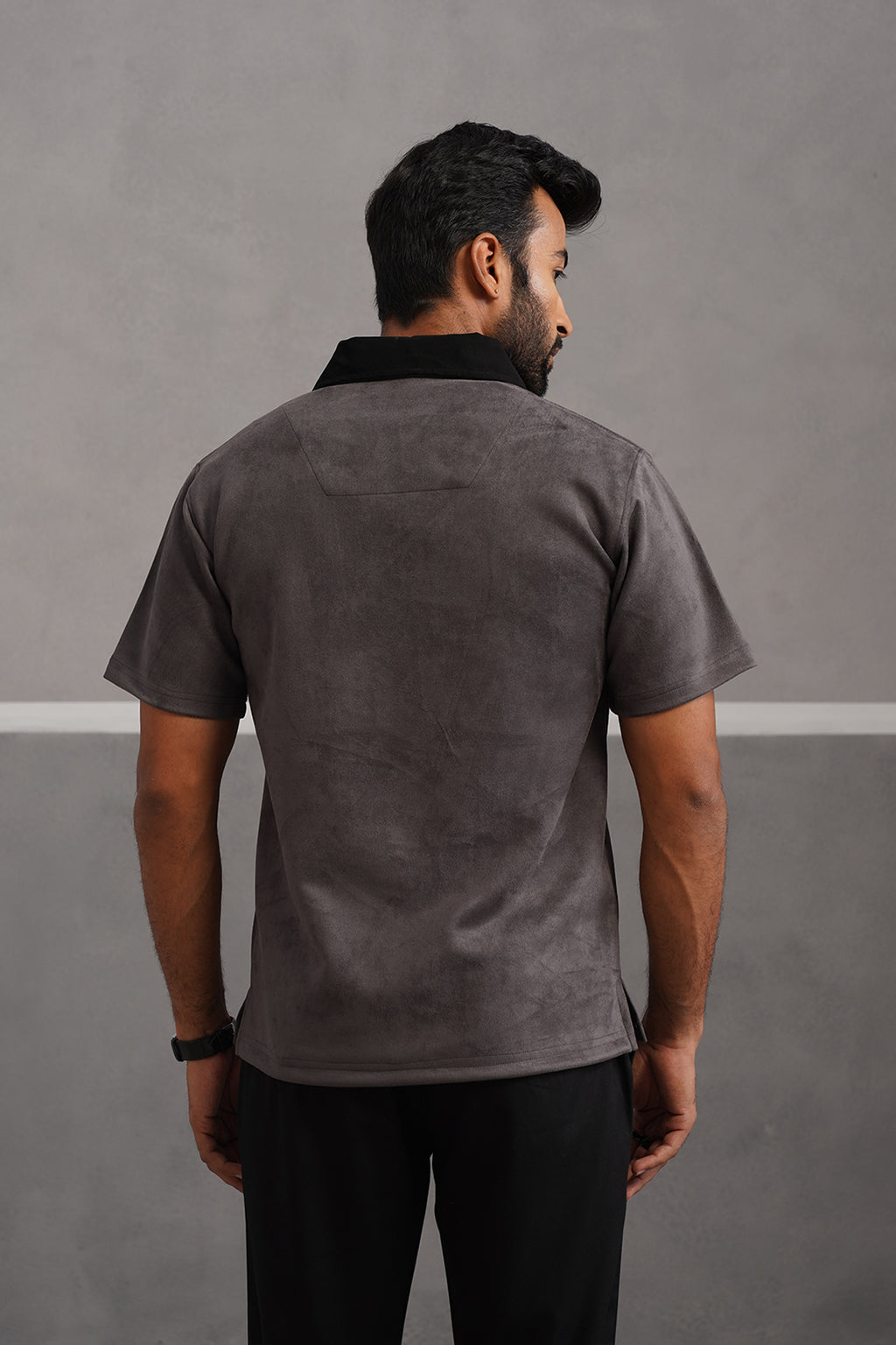 Rich Suede Fabric Collar Polo Tshirt - Grey