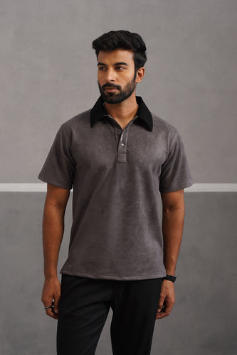 Rich Suede Fabric Collar Polo Tshirt - Grey