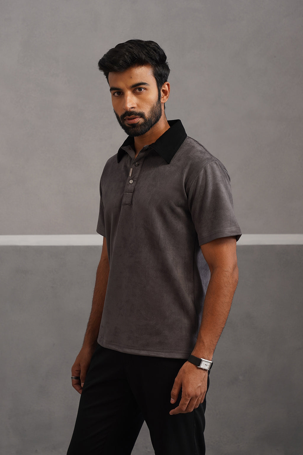 Rich Suede Fabric Collar Polo Tshirt - Grey