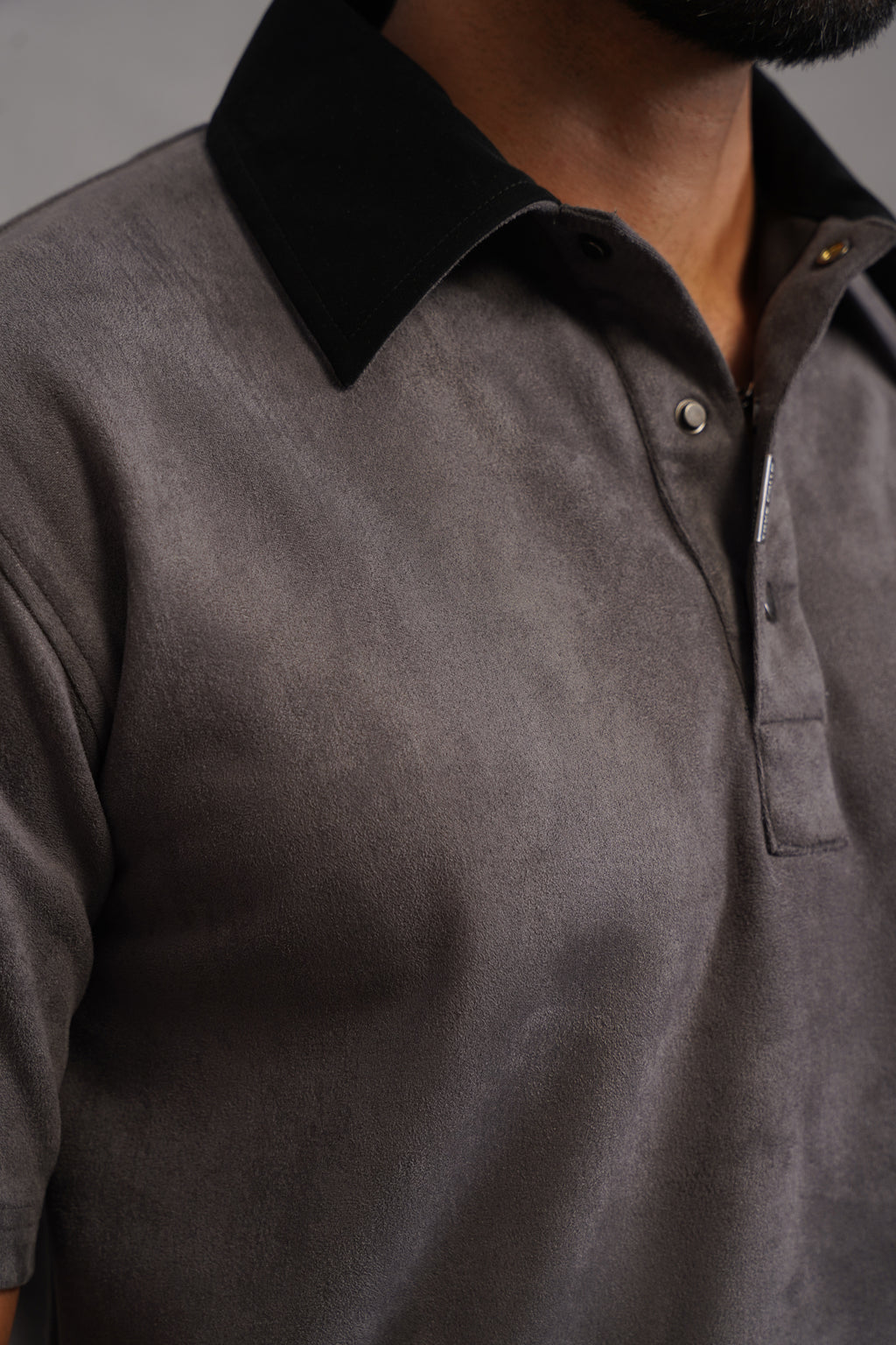 Rich Suede Fabric Collar Polo Tshirt - Grey
