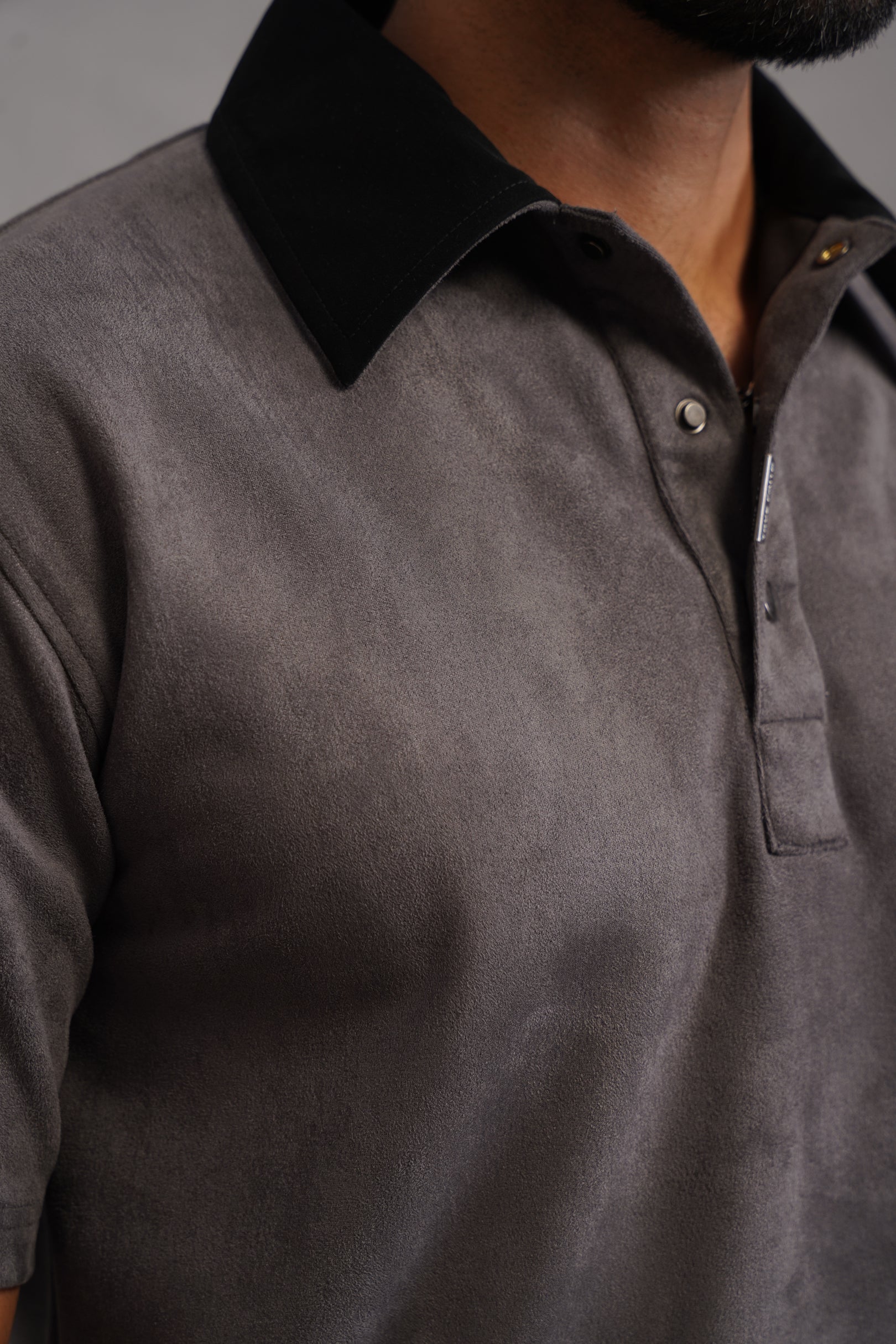Rich Suede Fabric Collar Polo Tshirt - Grey