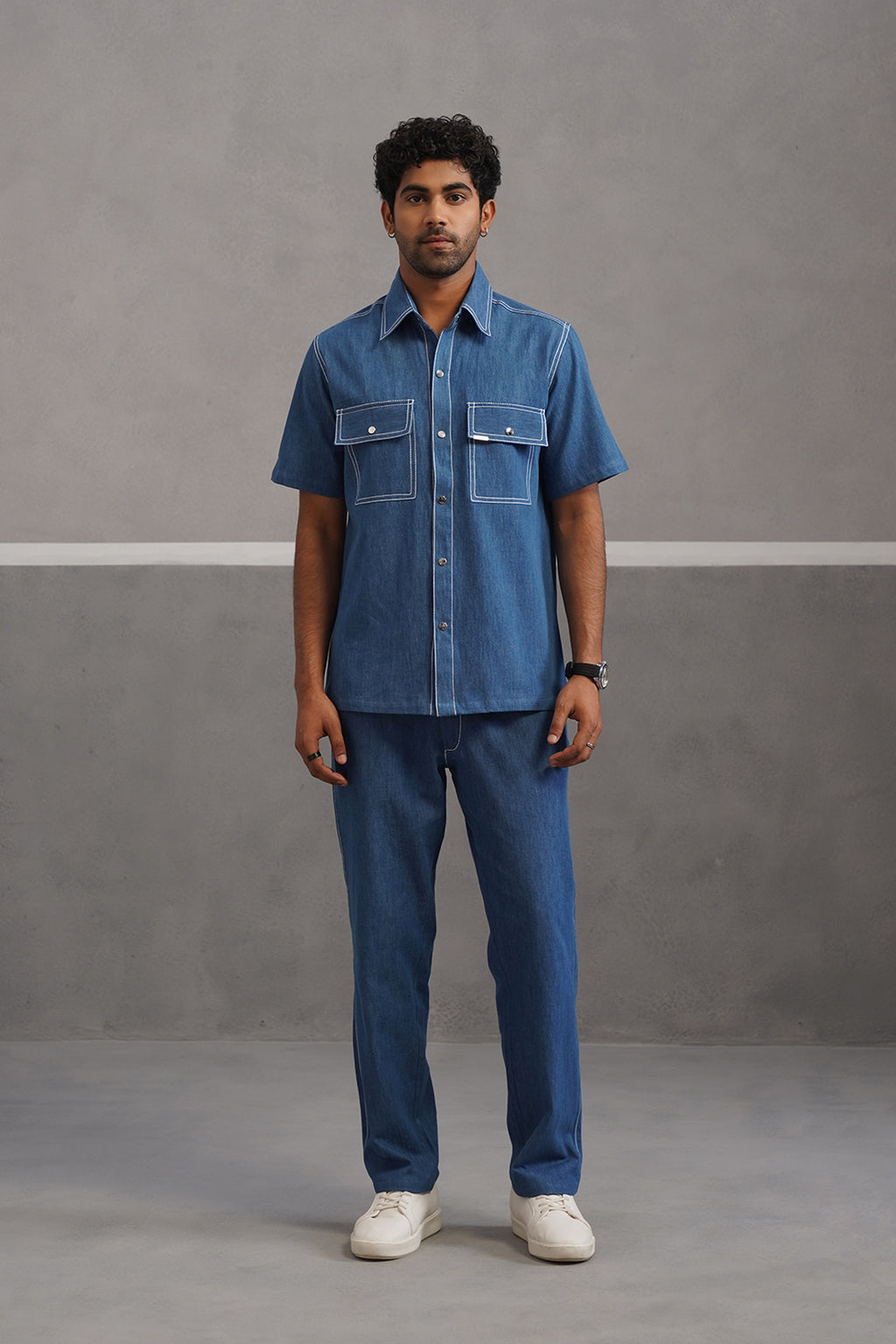 Denim Embroidered Shirt Coord Set - Medium Blue