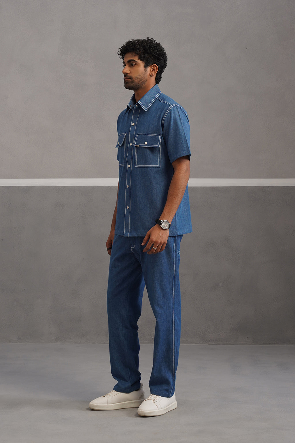 Denim Embroidered Shirt Coord Set - Medium Blue