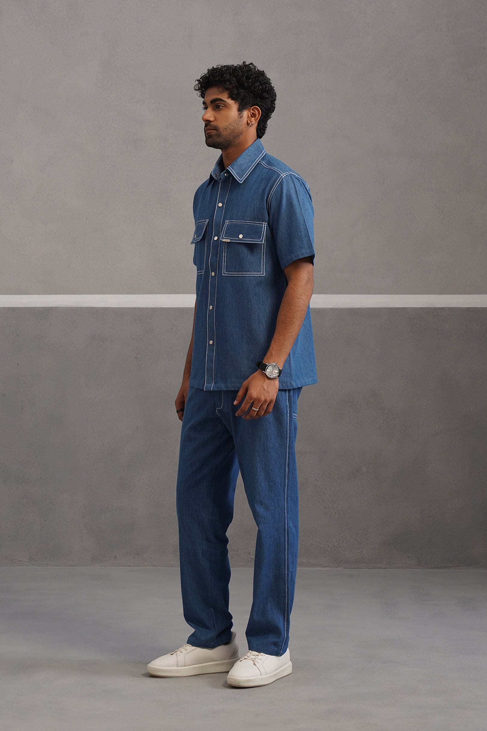 Denim Embroidered Shirt Coord Set - Medium Blue