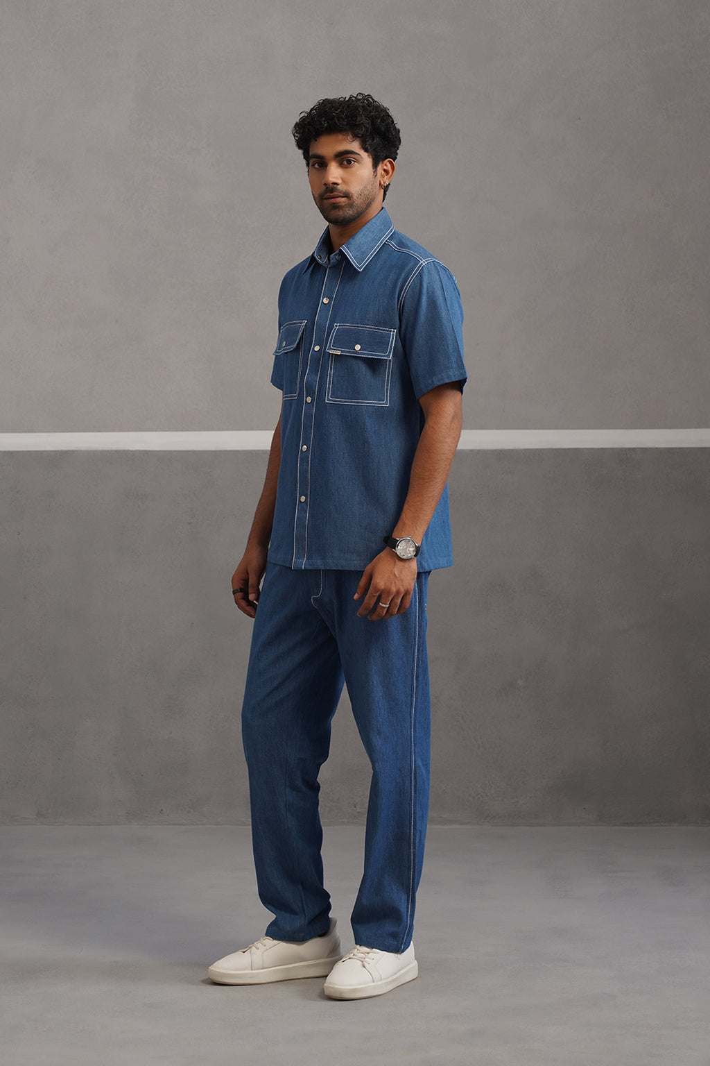Denim Embroidered Shirt Coord Set - Medium Blue