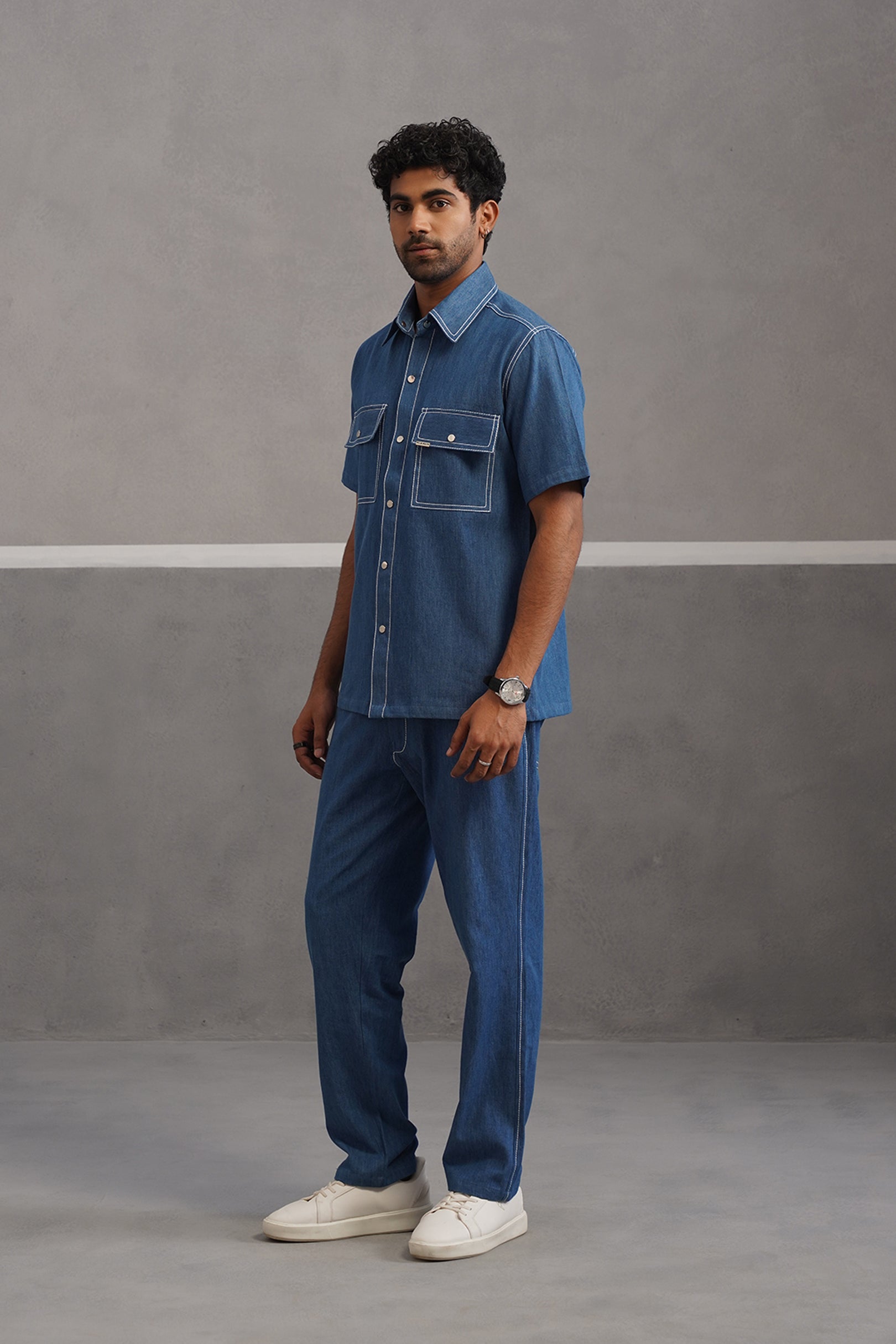 Denim Embroidered Shirt Coord Set - Medium Blue
