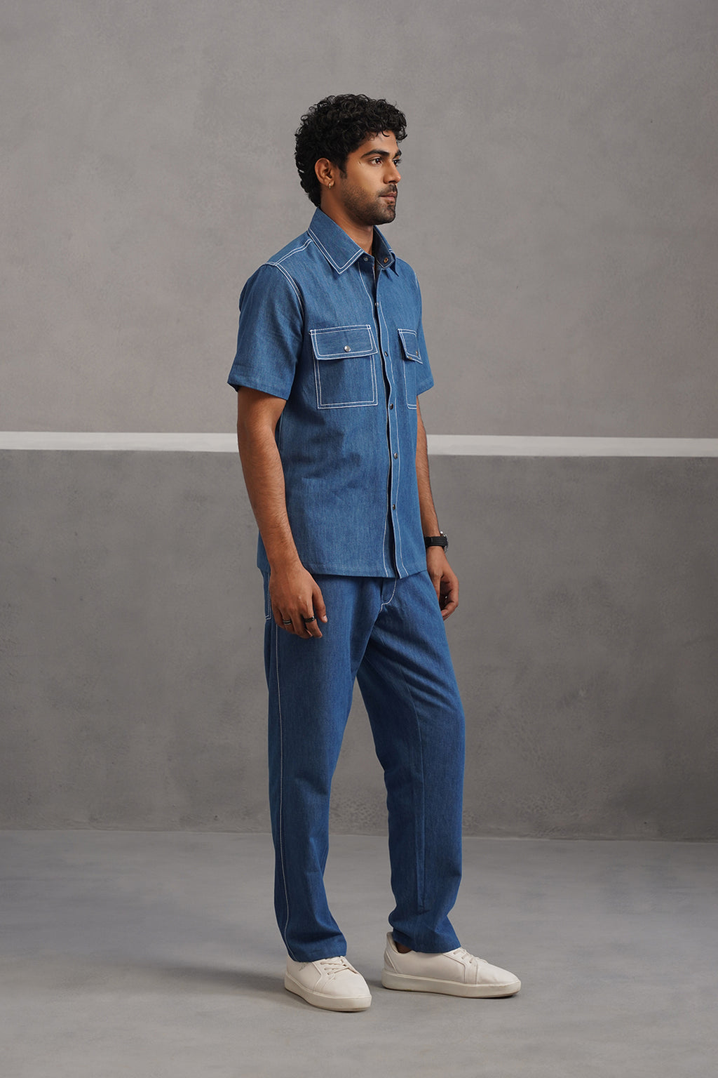 Denim Embroidered Shirt Coord Set - Medium Blue