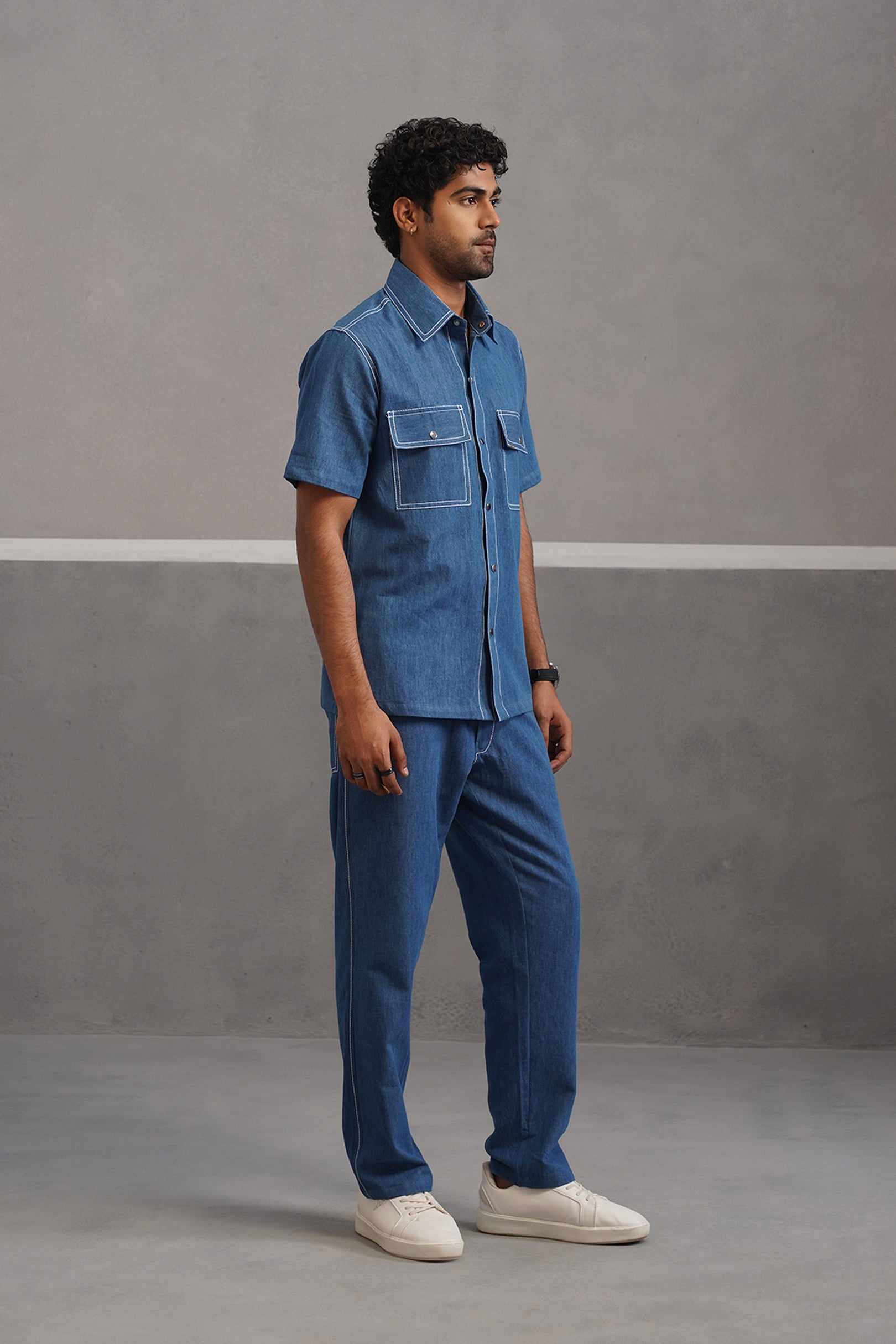 Denim Embroidered Shirt Coord Set - Medium Blue