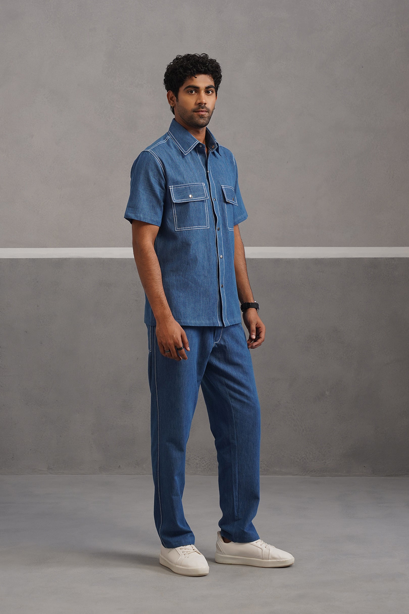 Denim Embroidered Shirt Coord Set - Medium Blue