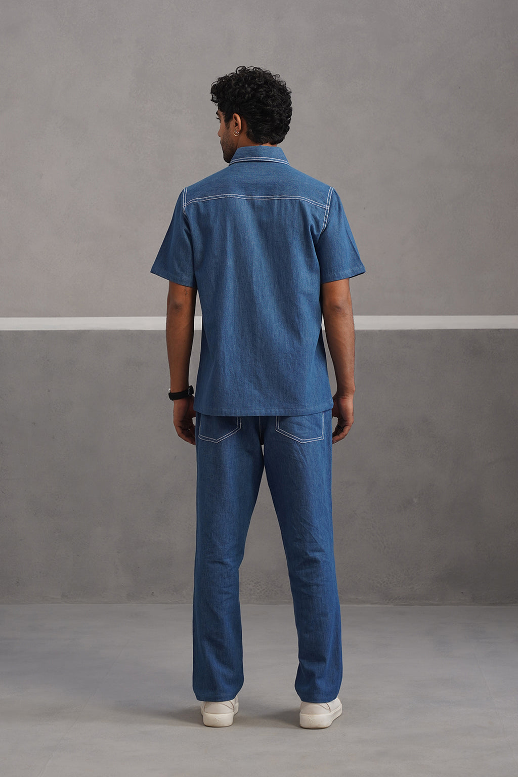 Denim Embroidered Shirt Coord Set - Medium Blue