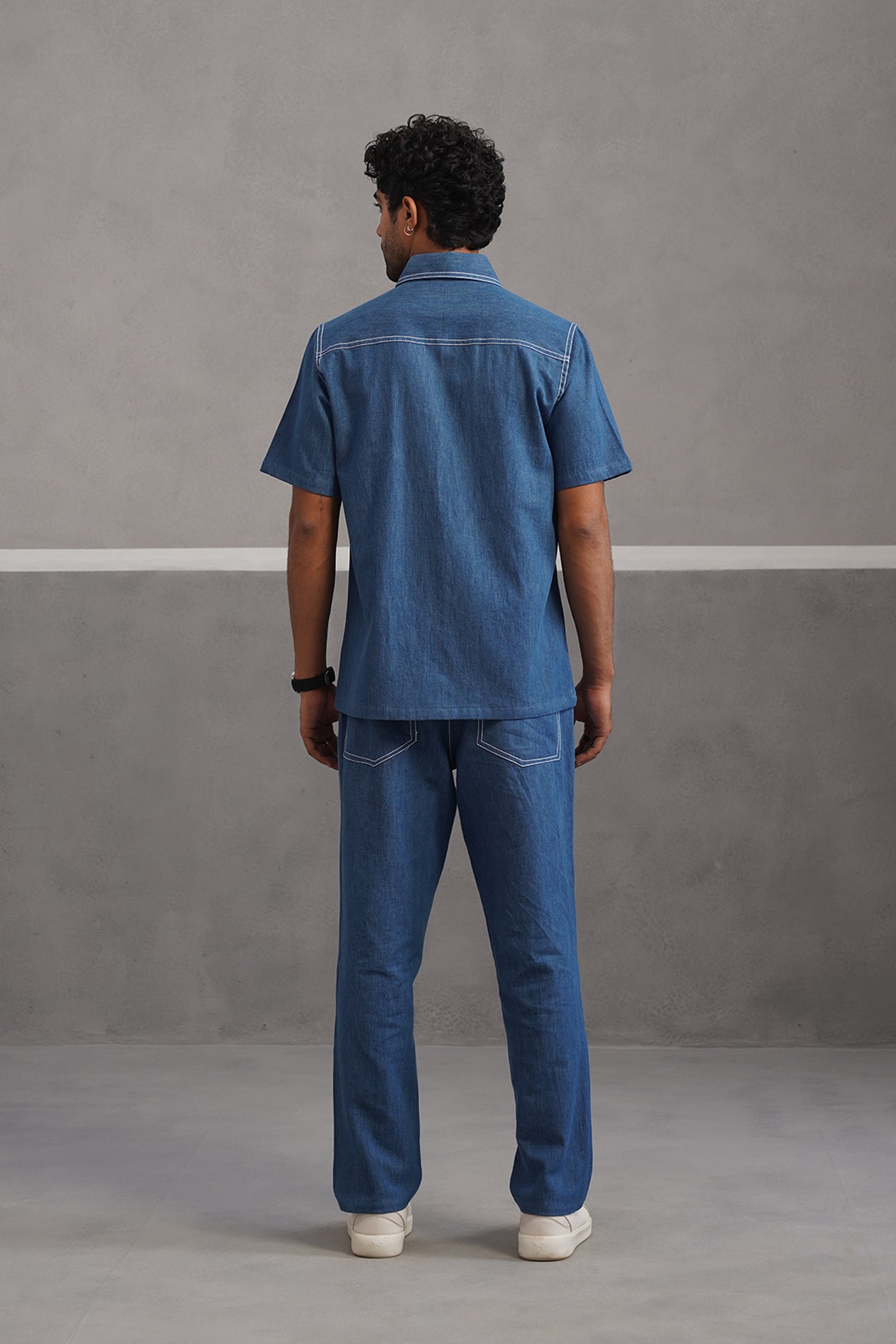 Denim Embroidered Shirt Coord Set - Medium Blue