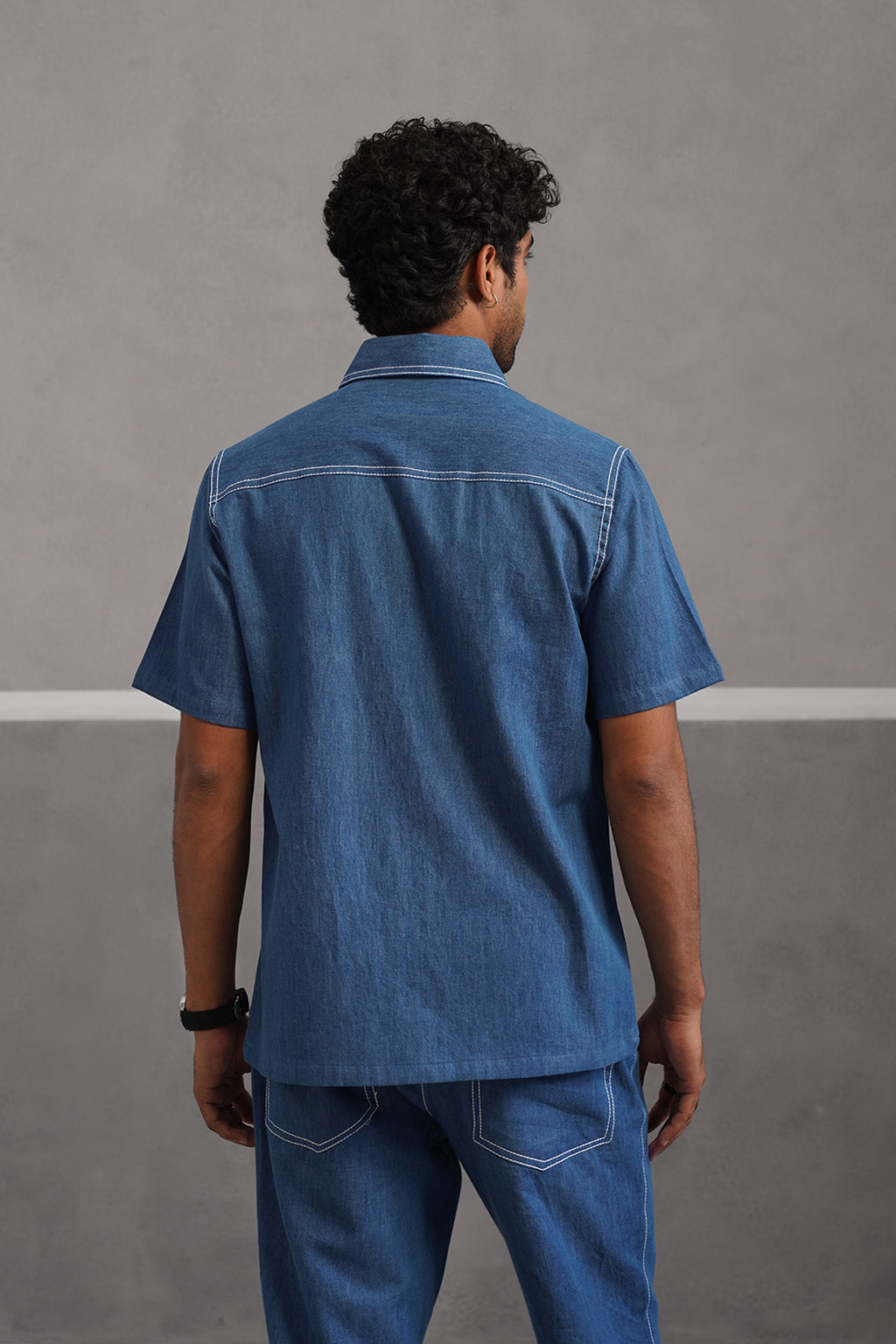 Denim Embroidered Luxe Half Sleeve Shirt - Medium Blue