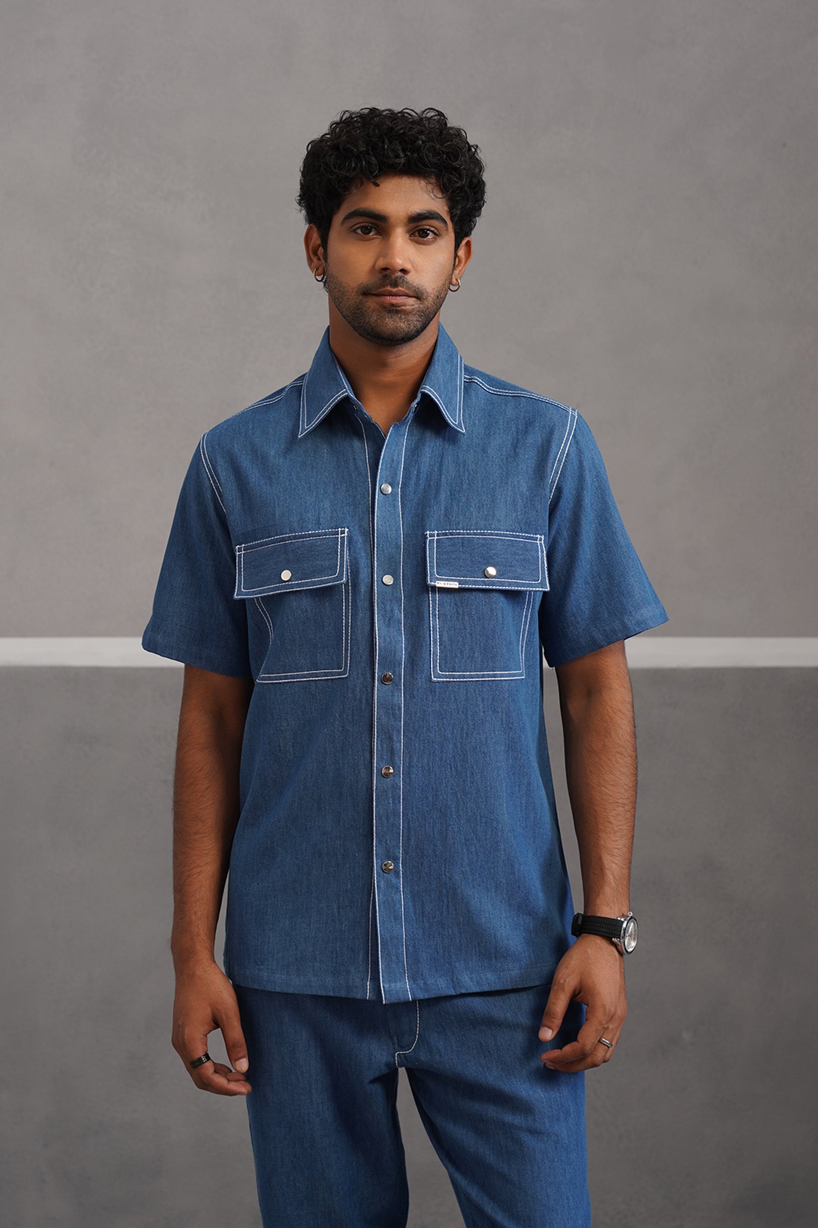 Denim Embroidered Luxe Half Sleeve Shirt - Medium Blue