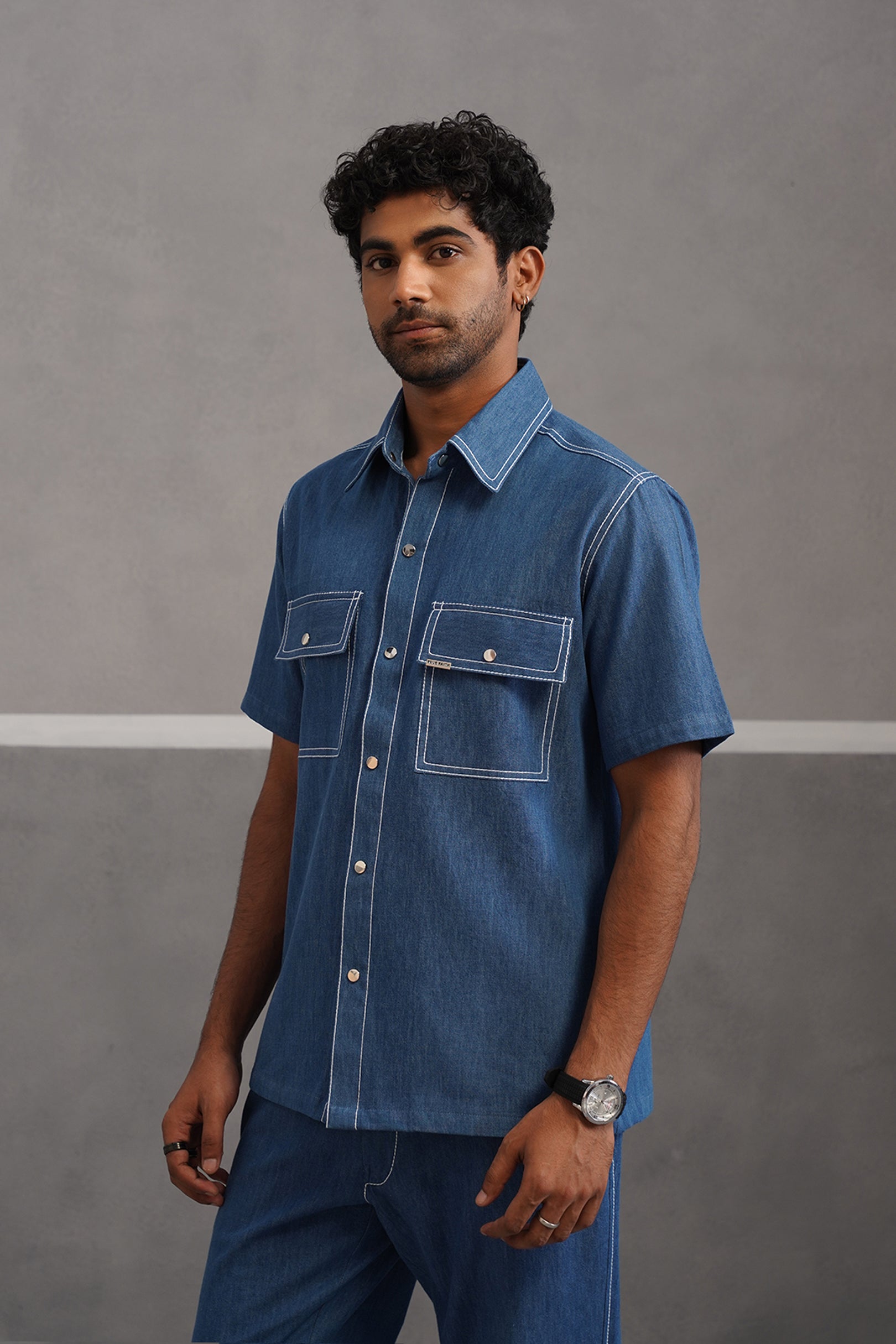 Denim Embroidered Luxe Half Sleeve Shirt - Medium Blue