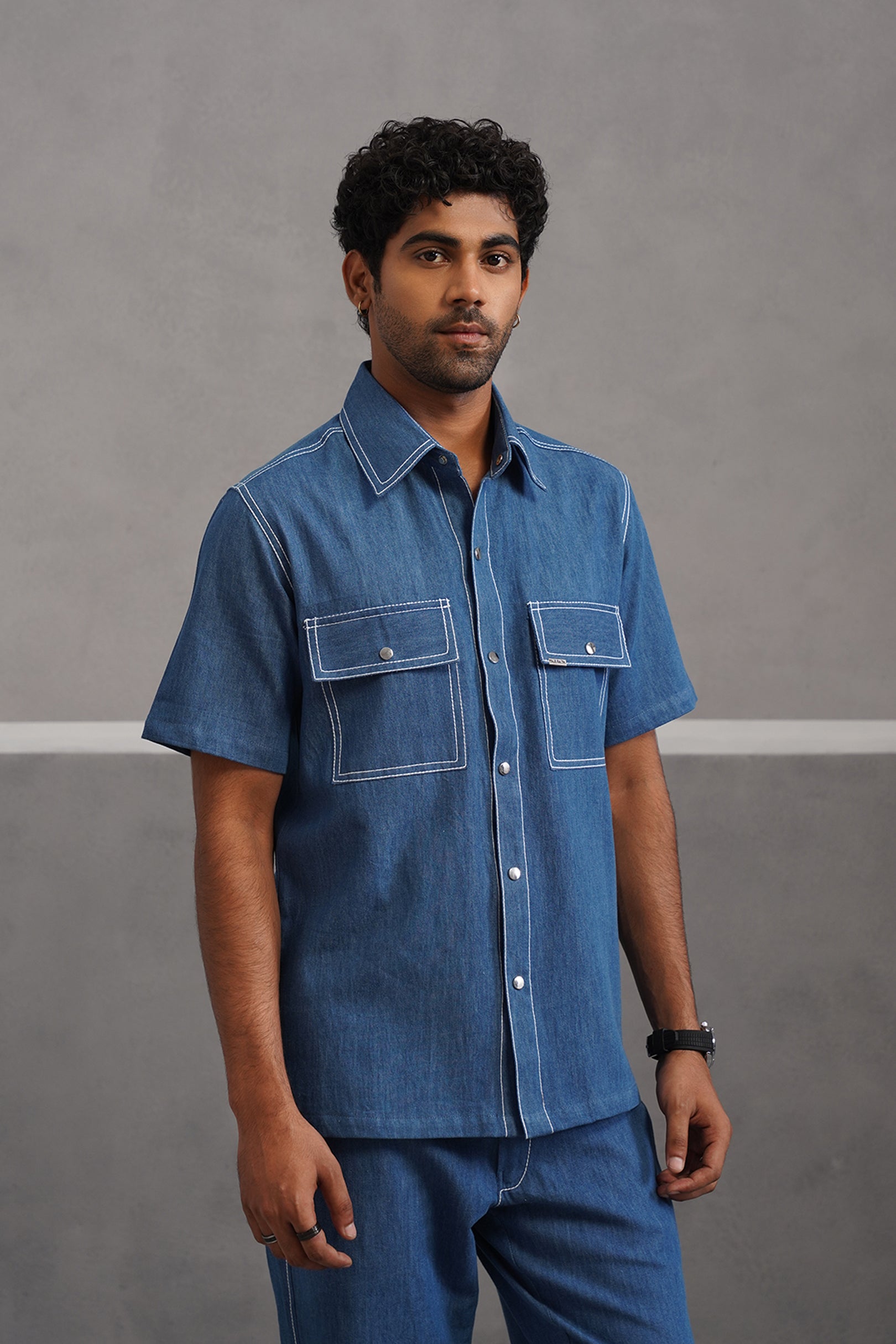 Denim Embroidered Luxe Half Sleeve Shirt - Medium Blue