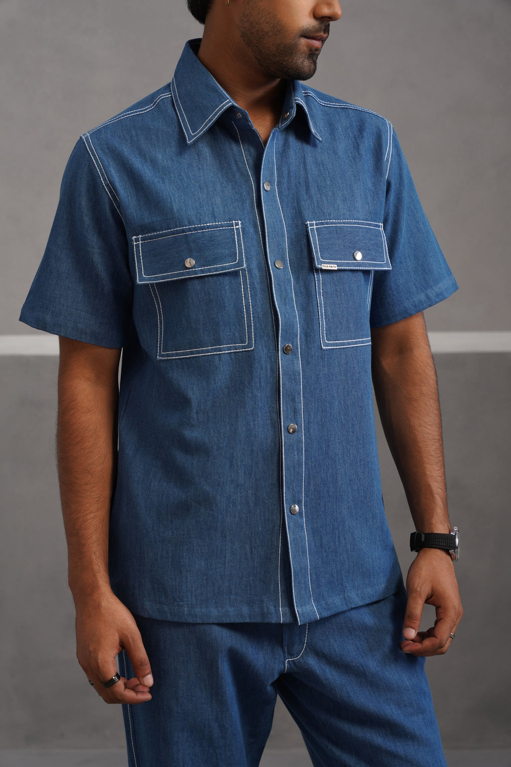 Denim Embroidered Luxe Half Sleeve Shirt - Medium Blue