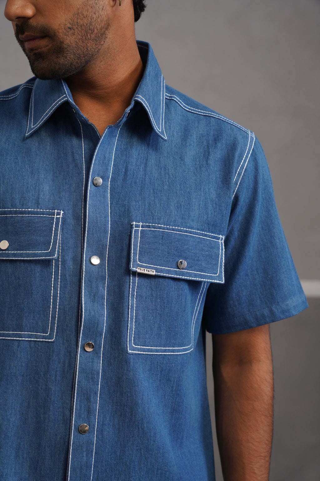 Denim Embroidered Luxe Half Sleeve Shirt - Medium Blue