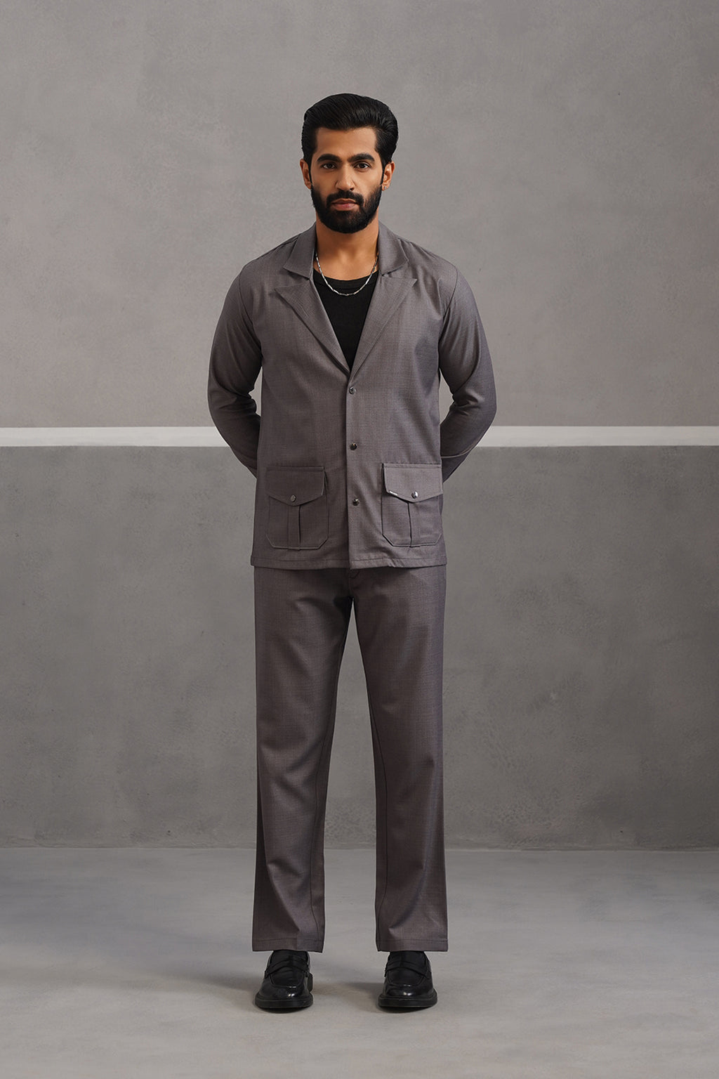 Terry Rayon Blazer Shirt Coord Set - Grey