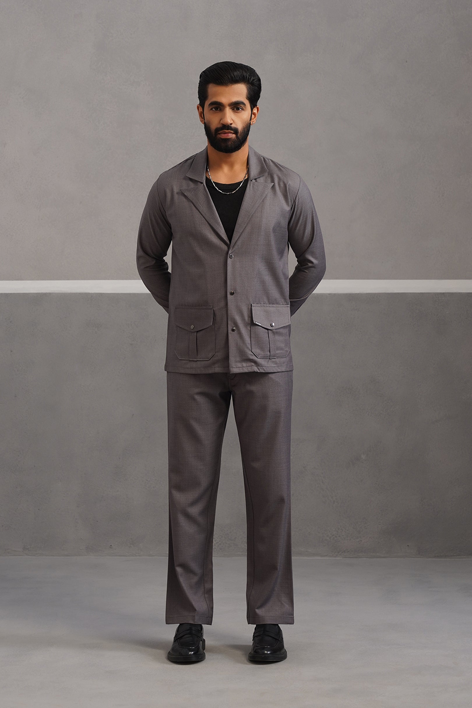 Terry Rayon Blazer Shirt Coord Set - Grey
