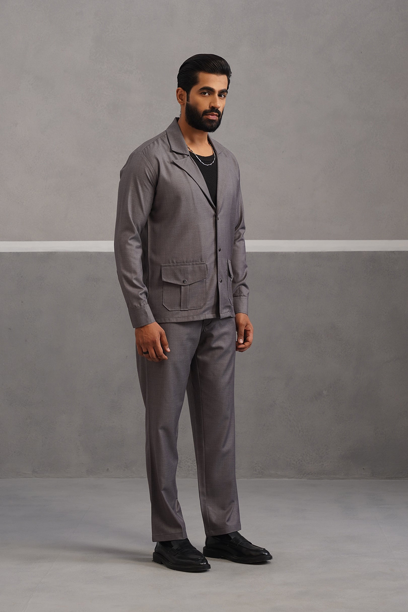 Terry Rayon Blazer Shirt Coord Set - Grey
