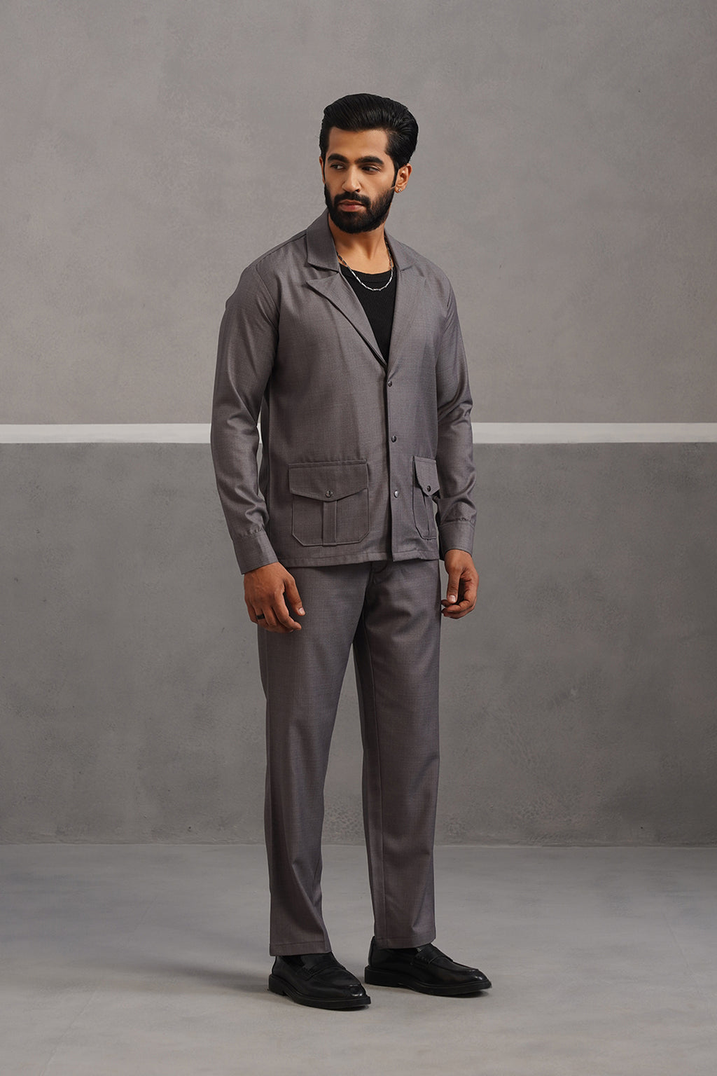 Terry Rayon Blazer Shirt Coord Set - Grey