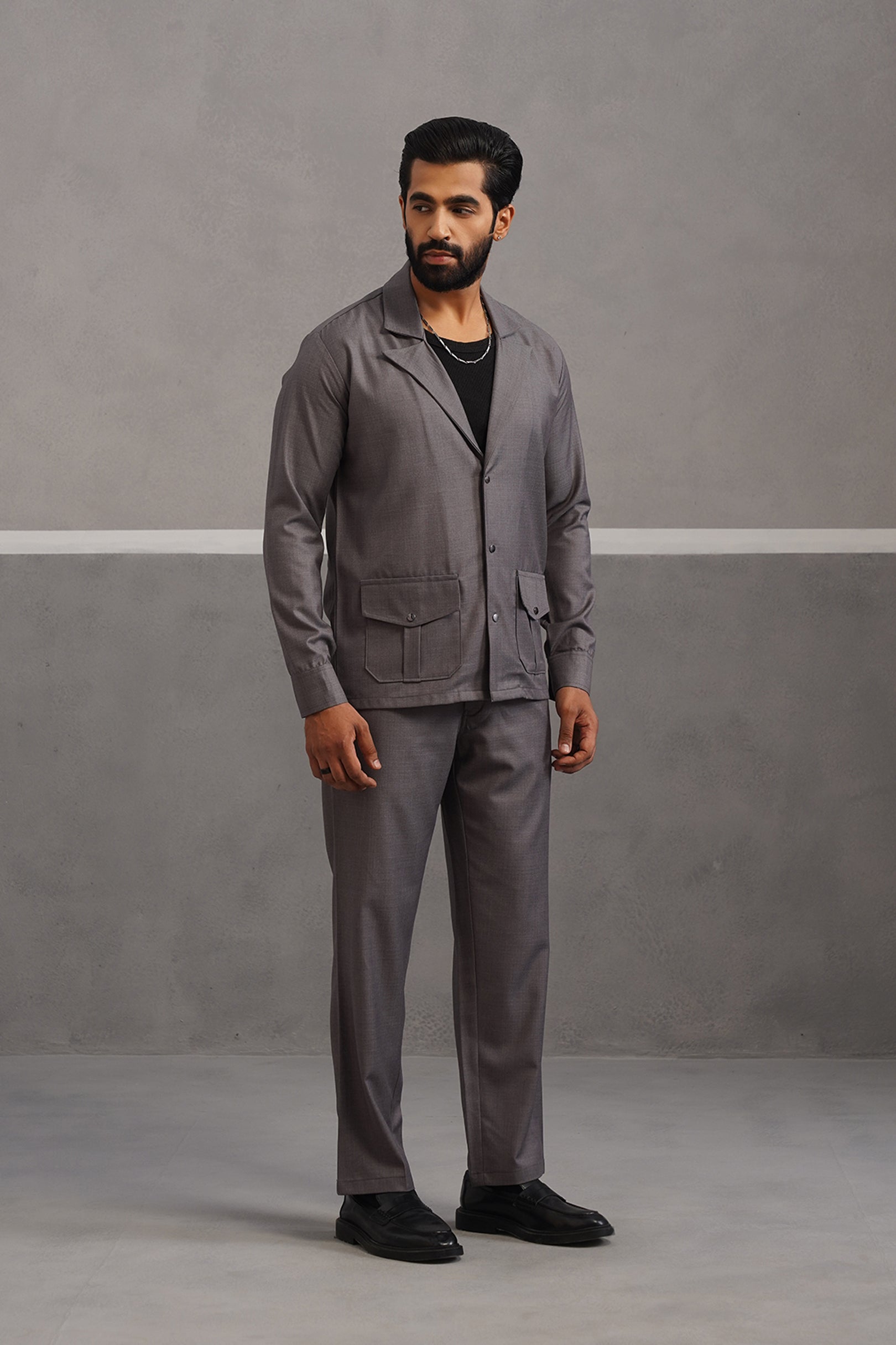 Terry Rayon Blazer Shirt Coord Set - Grey