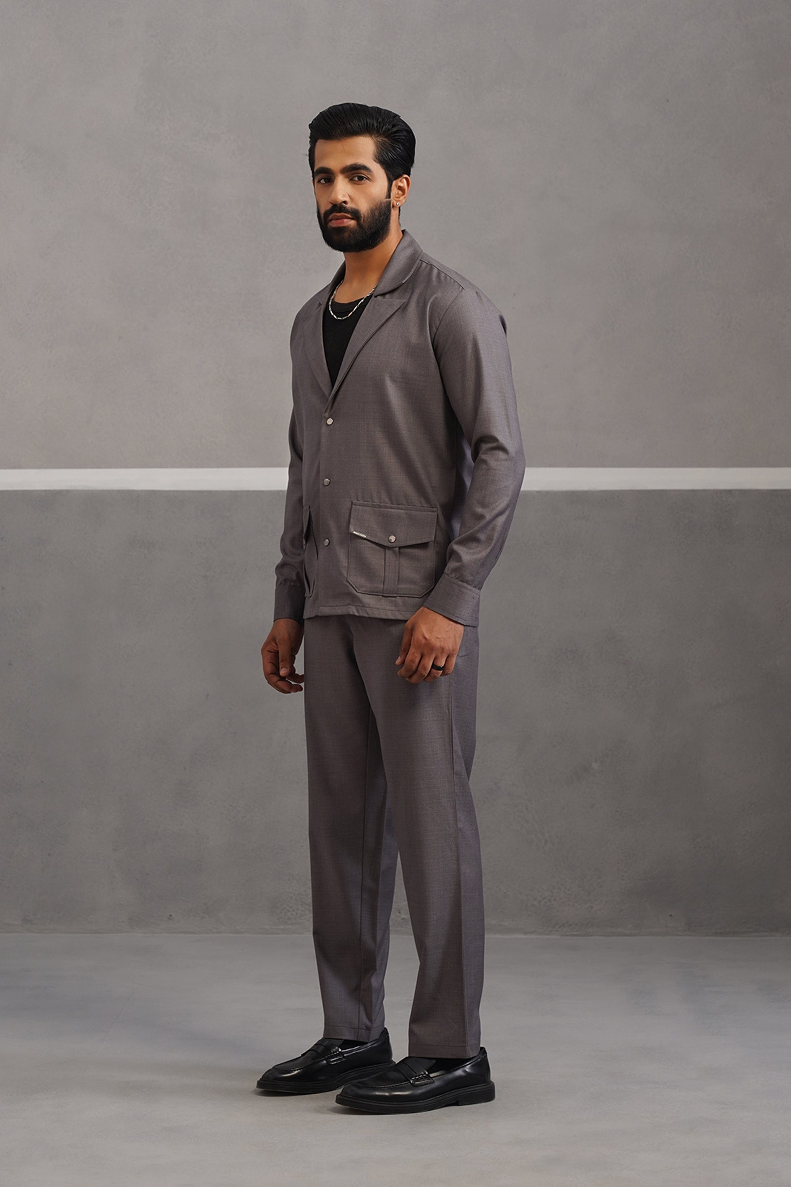 Terry Rayon Blazer Shirt Coord Set - Grey