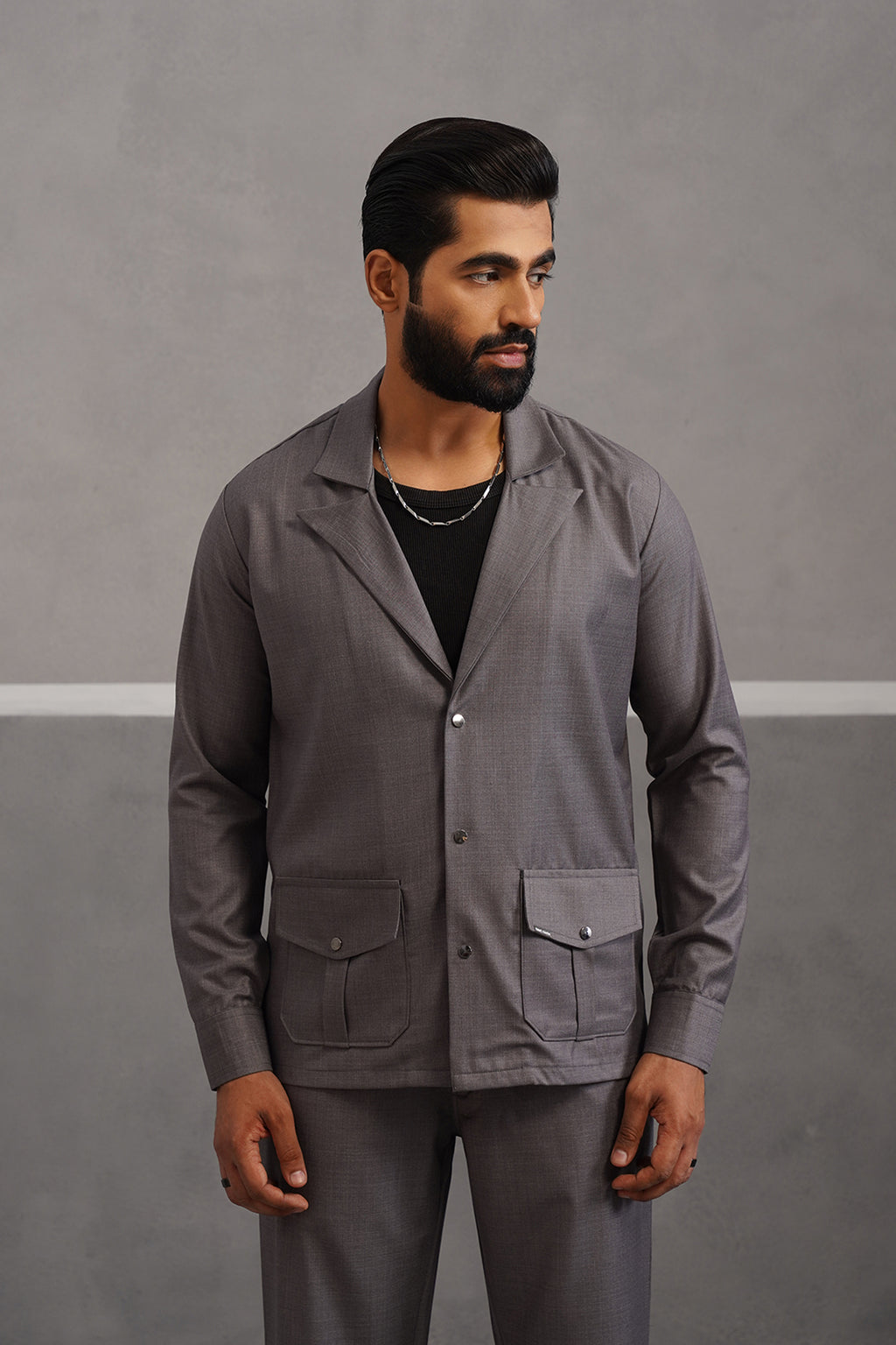 Terry Rayon Luxe Blazer Shirt - Grey