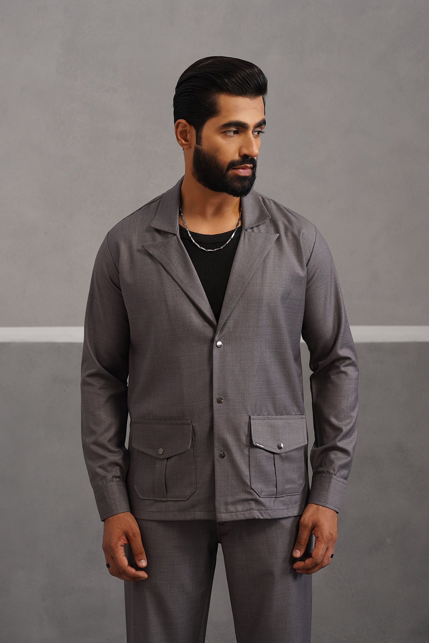 Terry Rayon Luxe Blazer Shirt - Grey