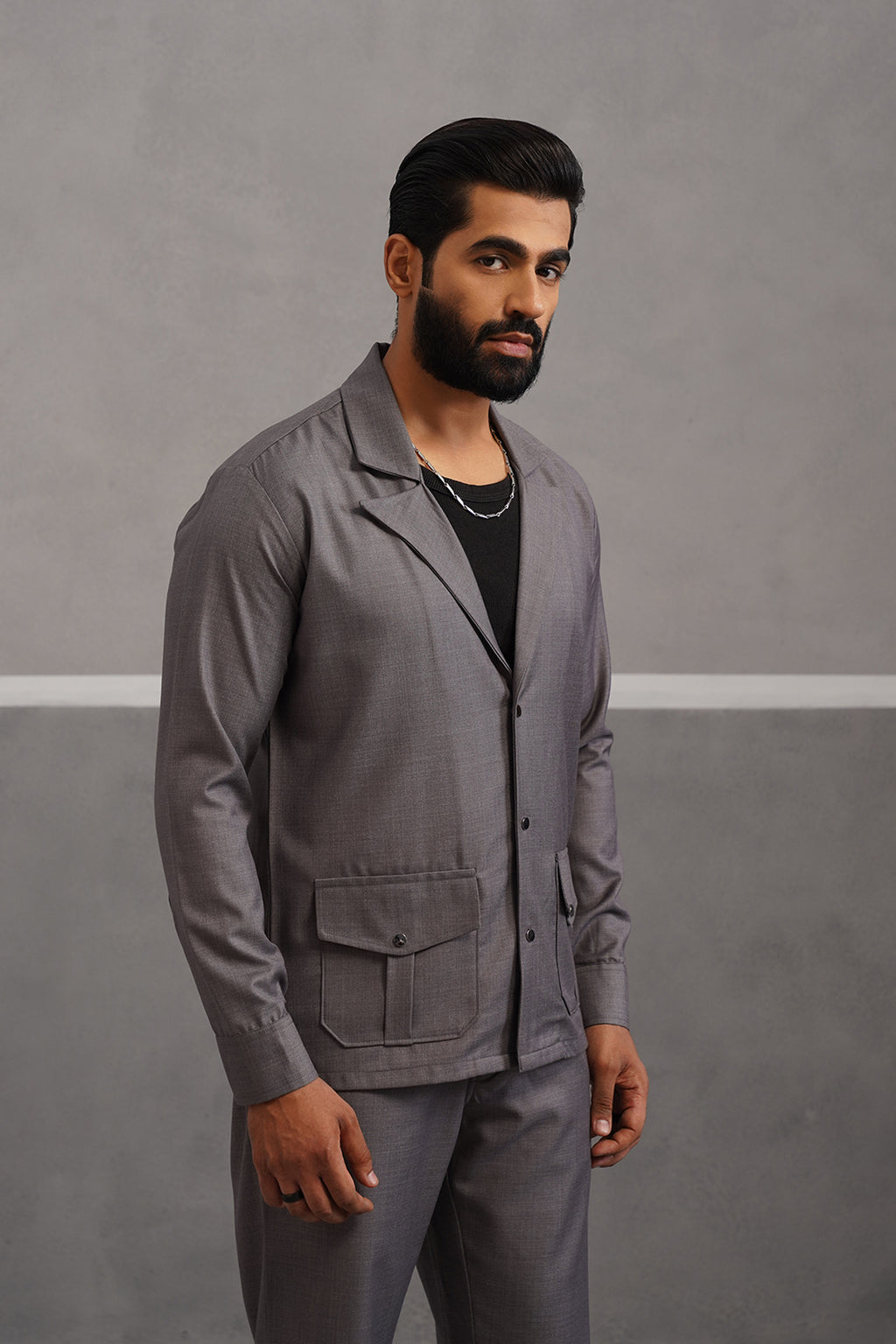 Terry Rayon Blazer Shirt Coord Set - Grey