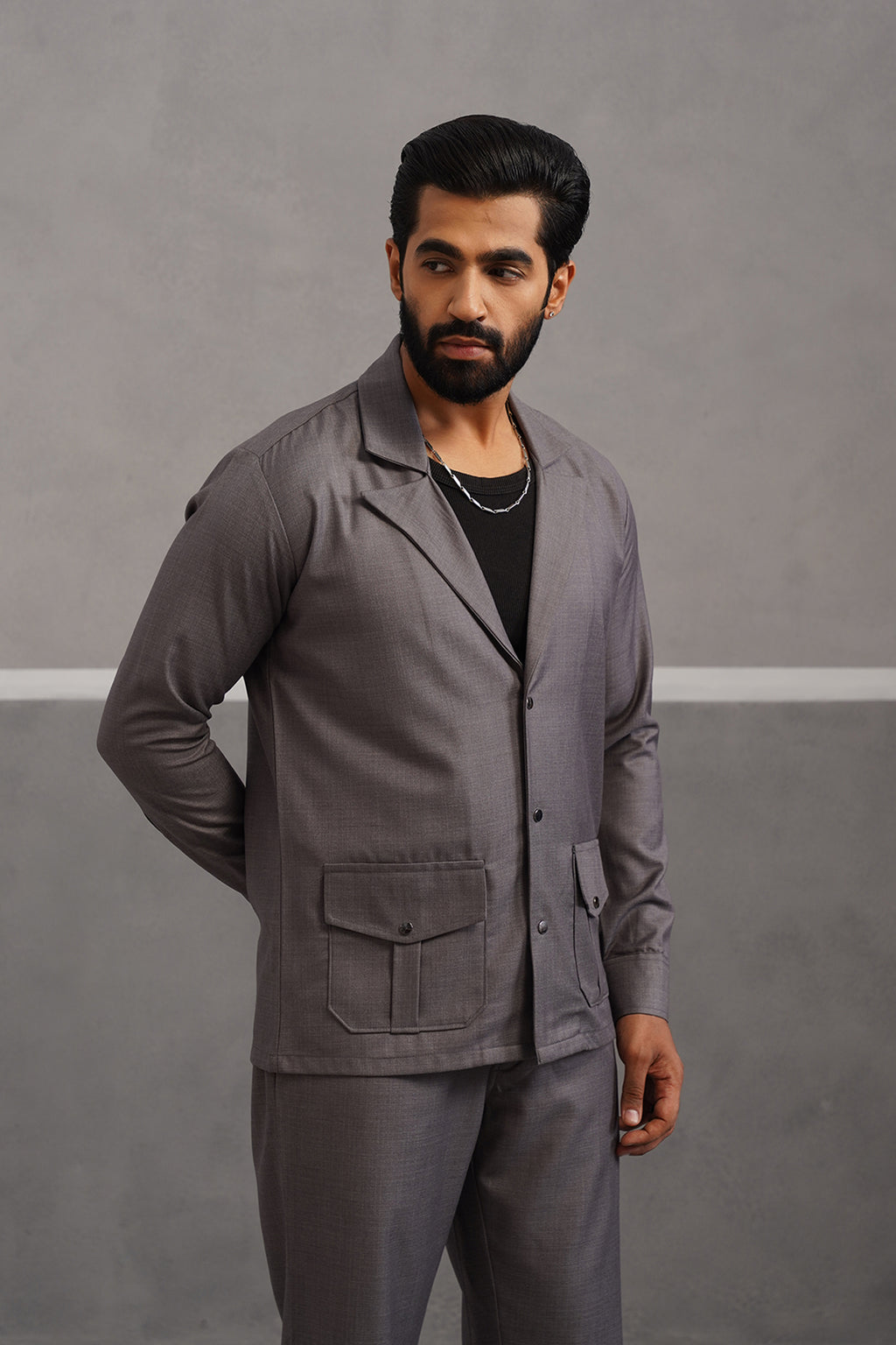 Terry Rayon Luxe Blazer Shirt - Grey