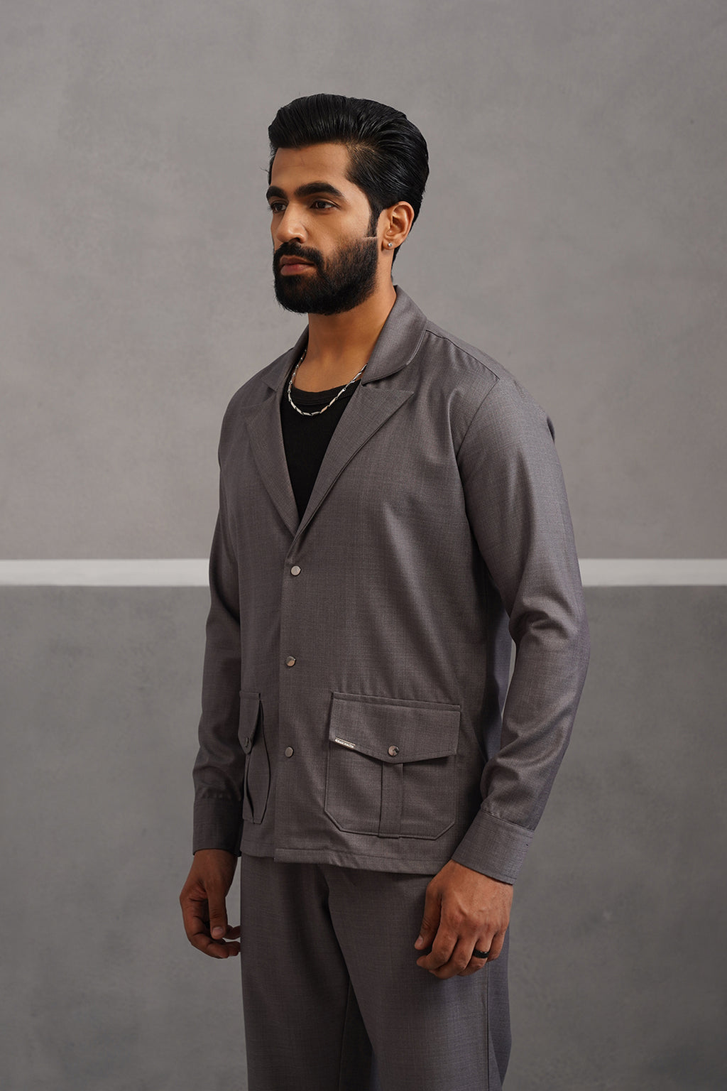 Terry Rayon Luxe Blazer Shirt - Grey