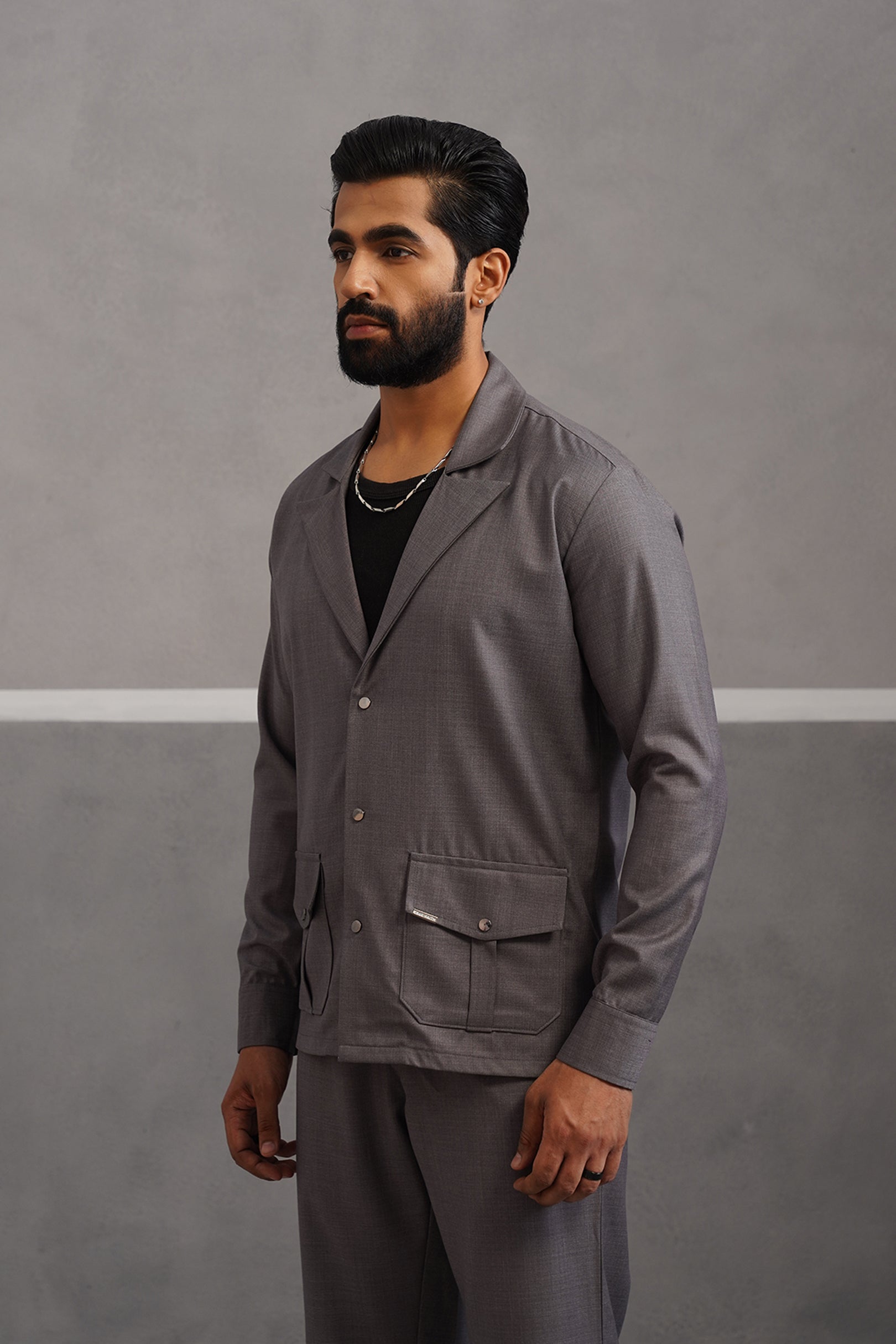 Terry Rayon Luxe Blazer Shirt - Grey